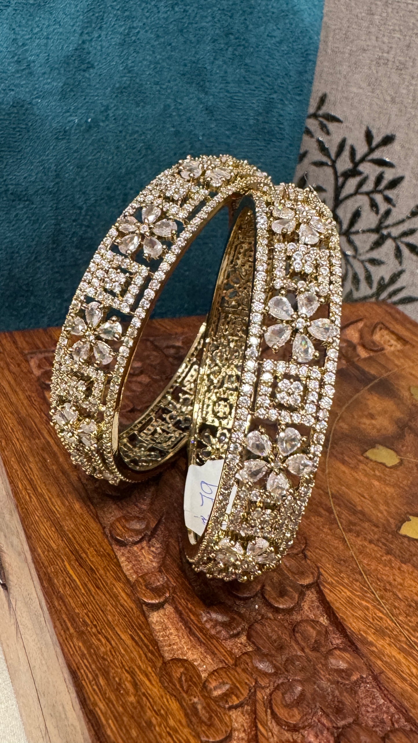 Antique gold plated Victorian Stone Bangle Set - White Stones