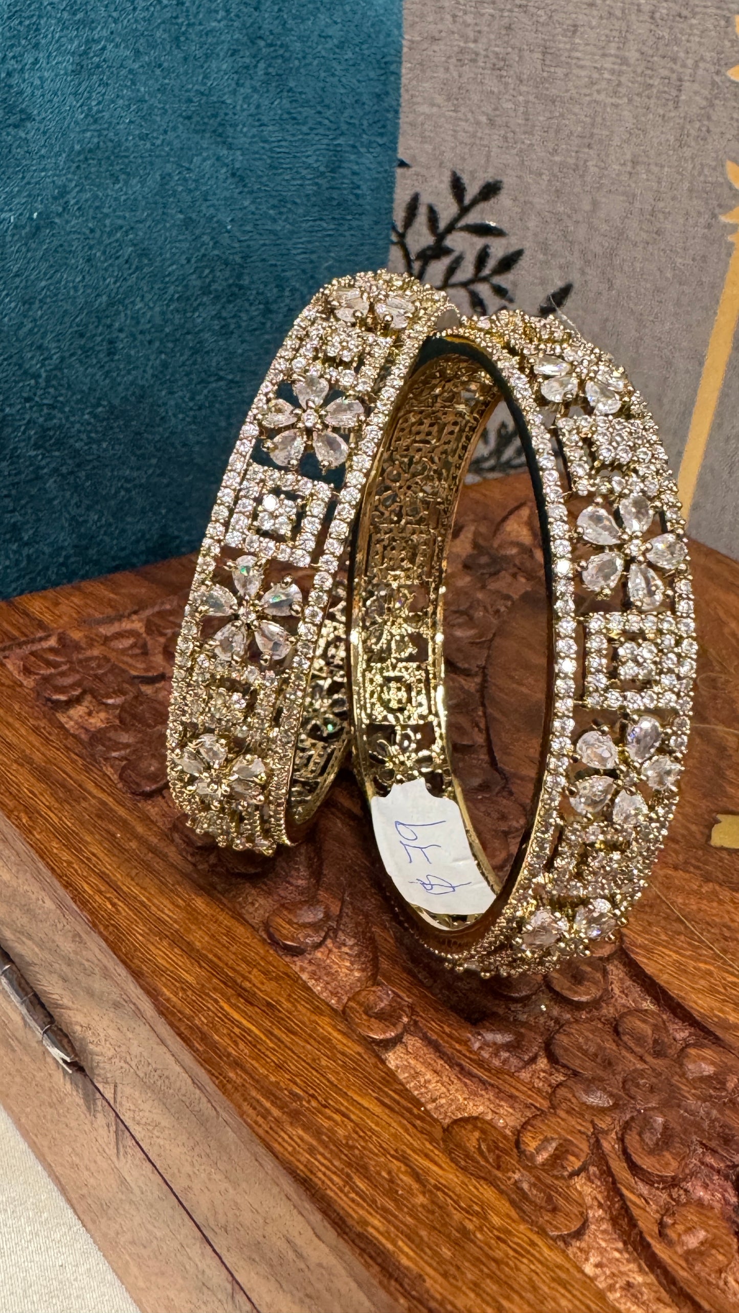 Antique gold plated Victorian Stone Bangle Set - White Stones