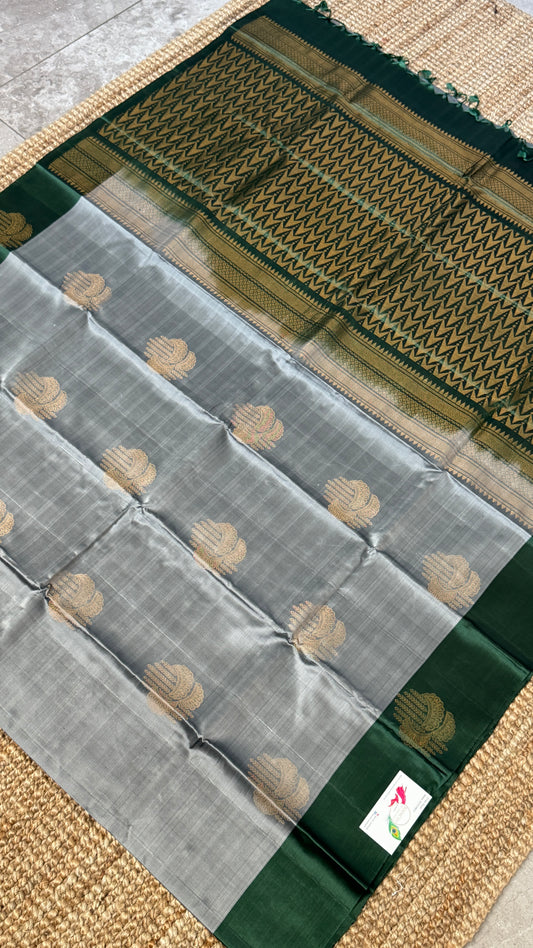 Pure Handloom Soft Silk Saree β Grey and Bottle Green