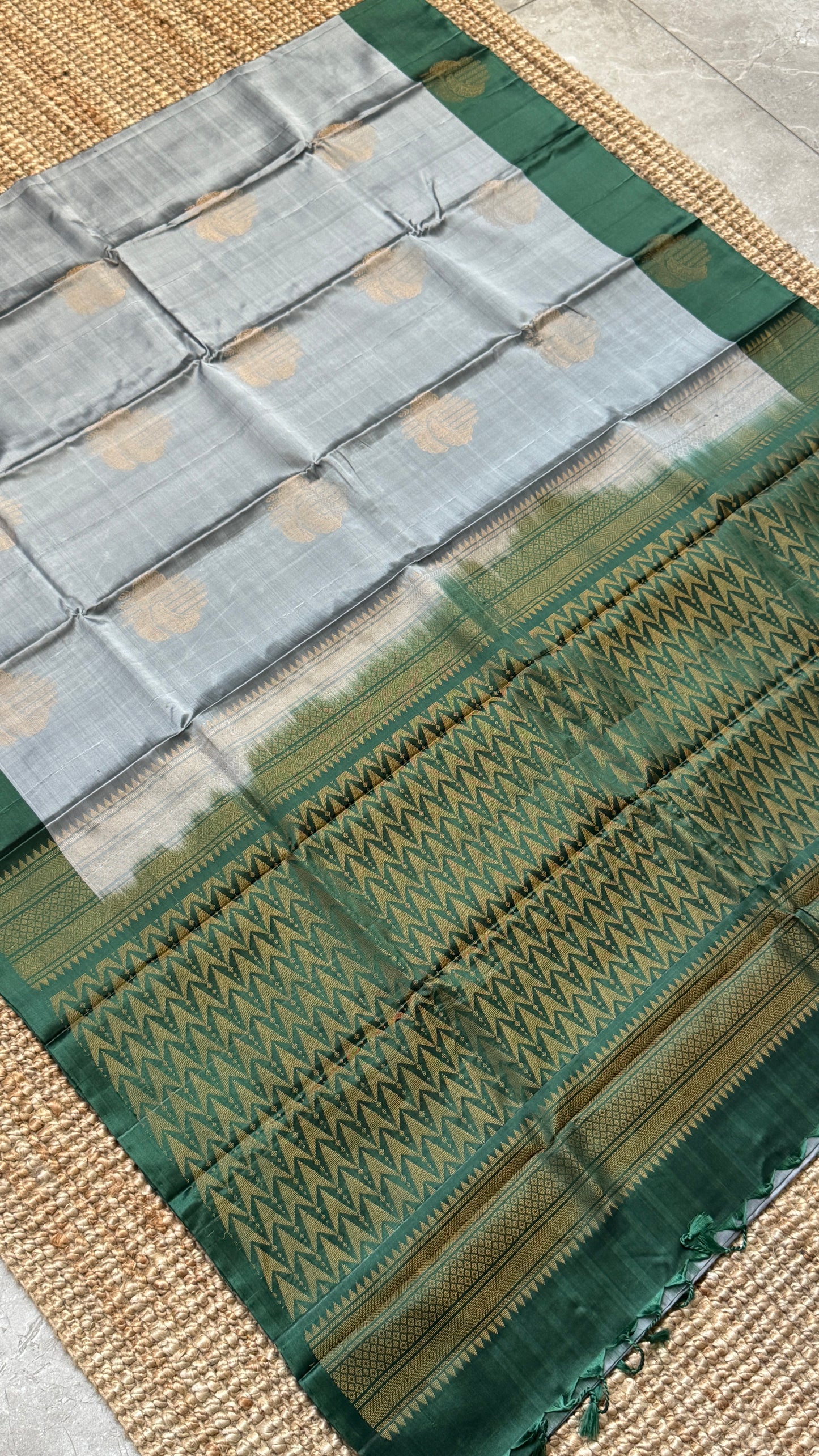 Pure Handloom Soft Silk Saree – Grey and Bottle Green