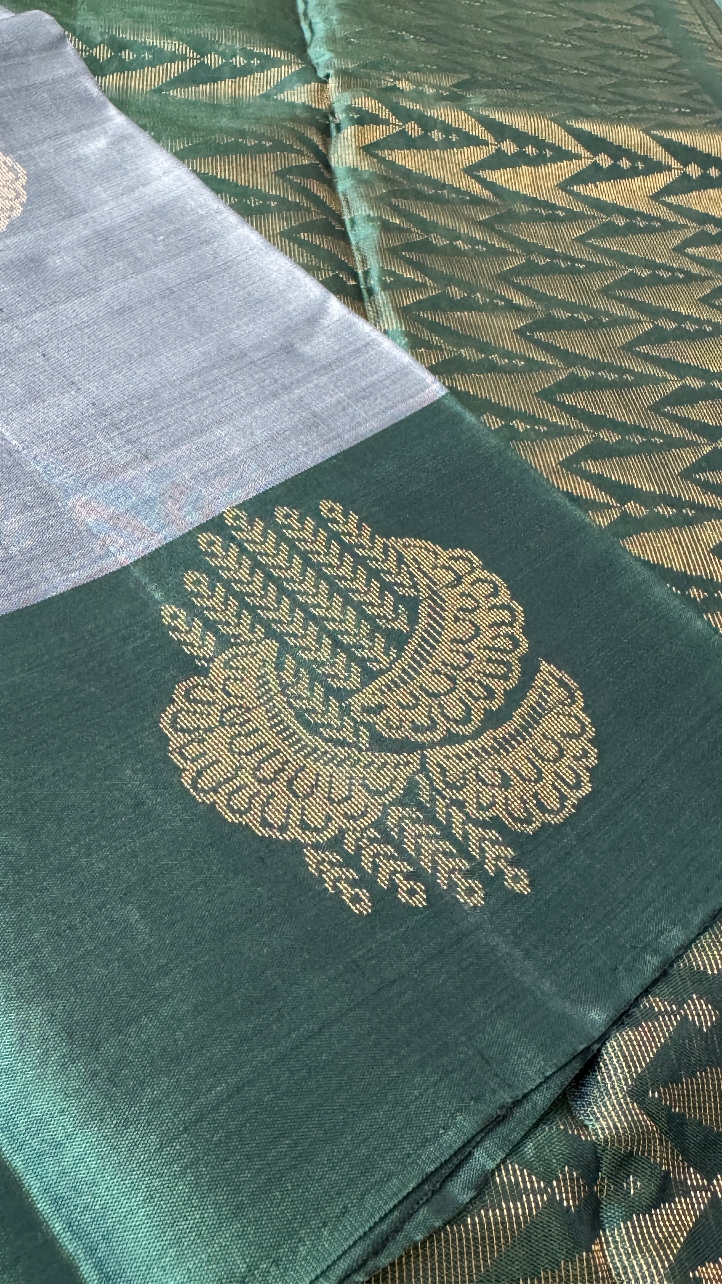 Pure Handloom Soft Silk Saree – Grey and Bottle Green