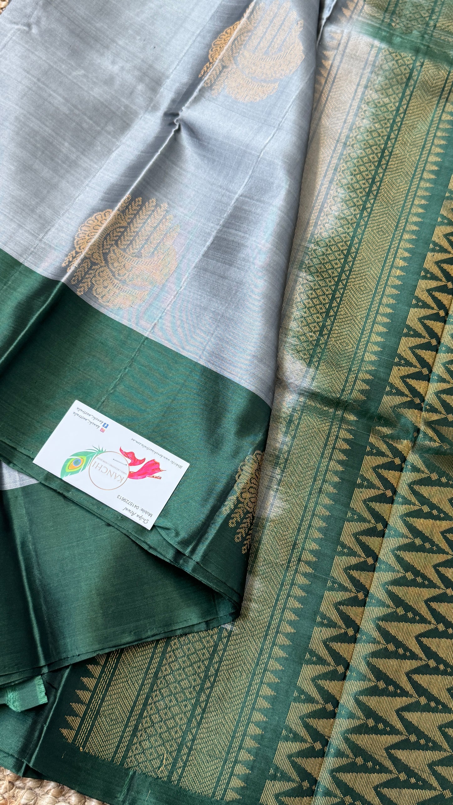 Pure Handloom Soft Silk Saree – Grey and Bottle Green
