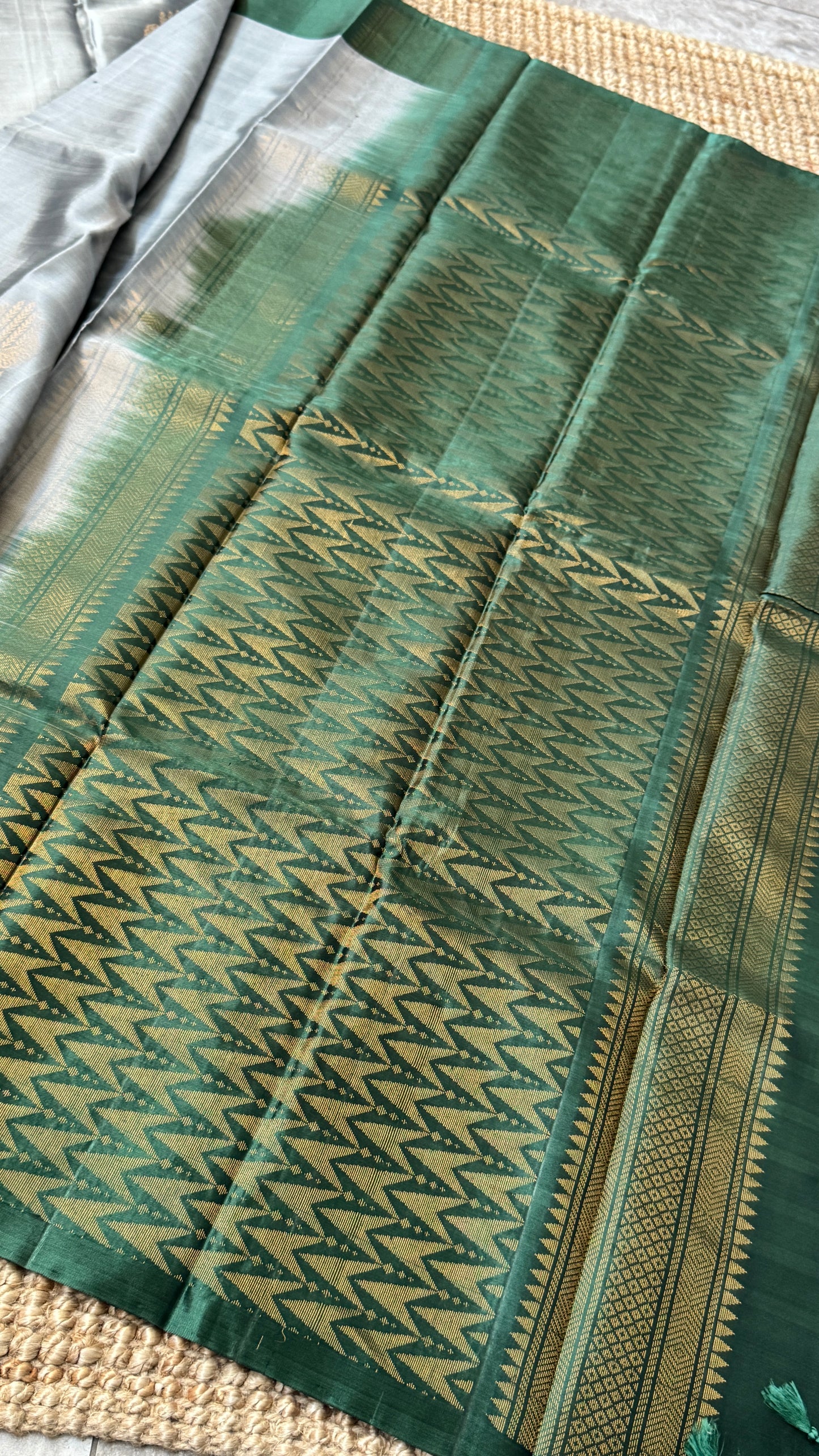 Pure Handloom Soft Silk Saree – Grey and Bottle Green