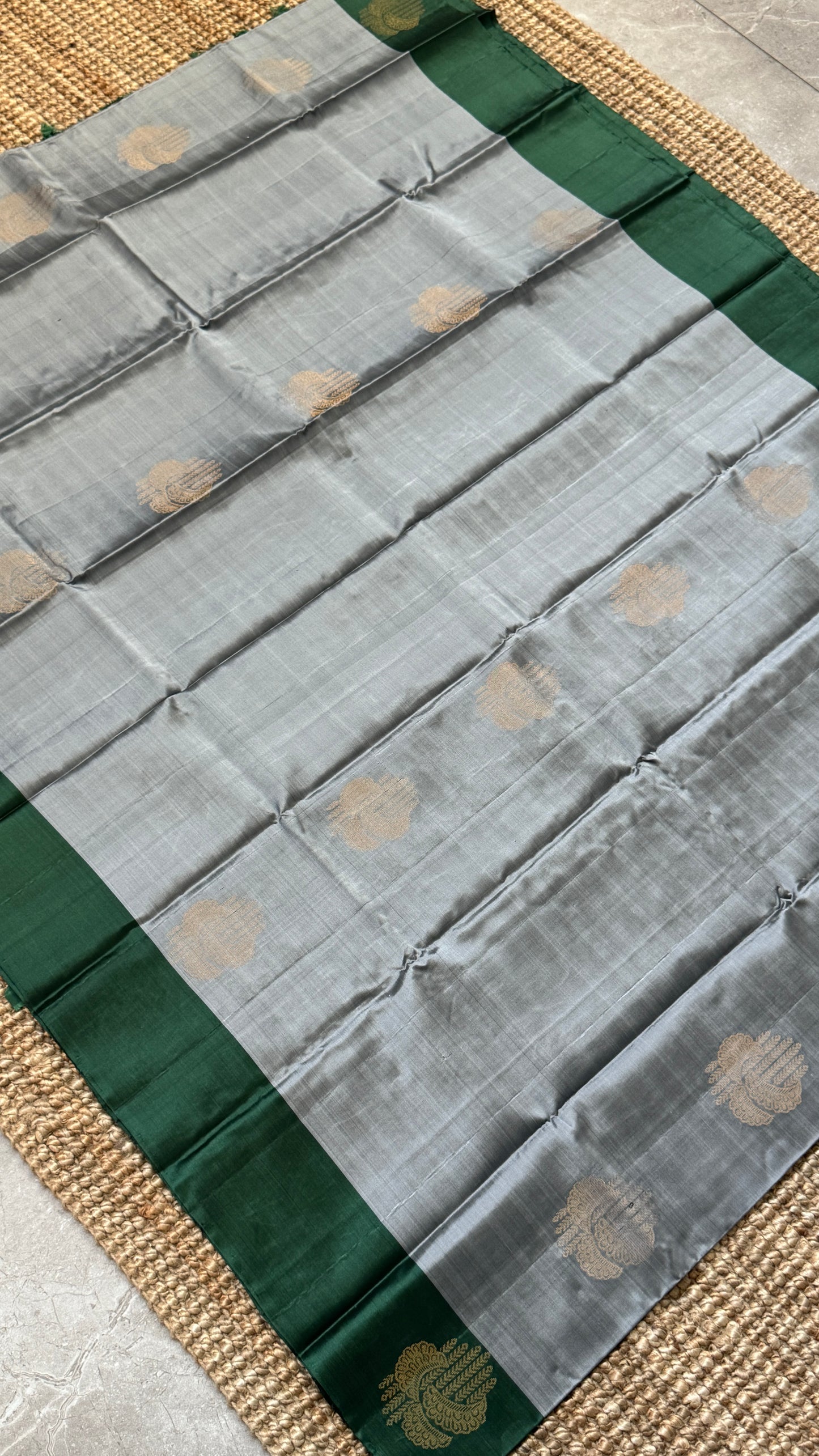 Pure Handloom Soft Silk Saree – Grey and Bottle Green