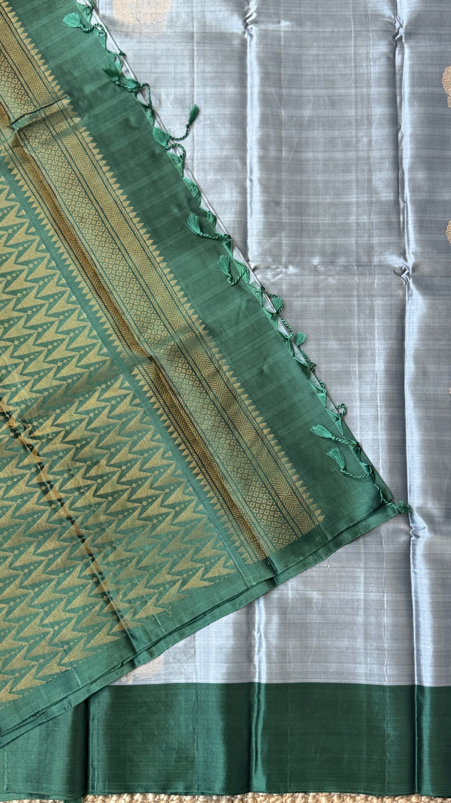 Pure Handloom Soft Silk Saree – Grey and Bottle Green
