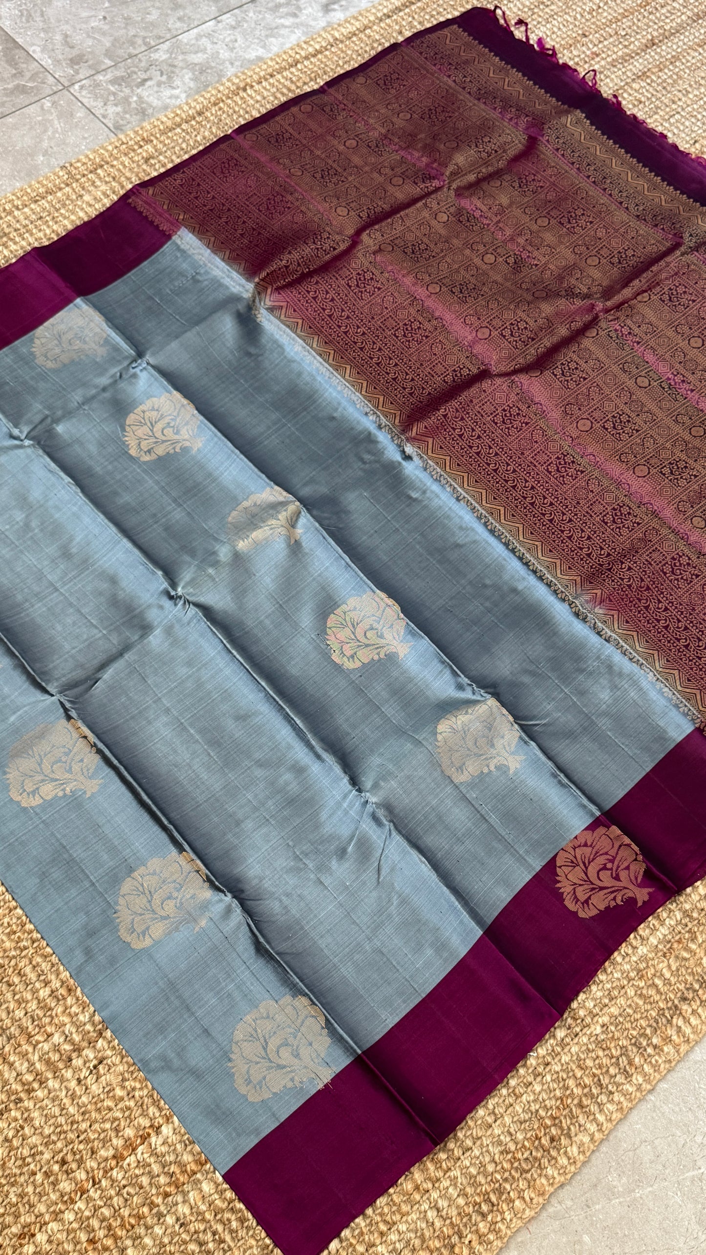 Pure Handloom Soft Silk Saree – Grey and Wine
