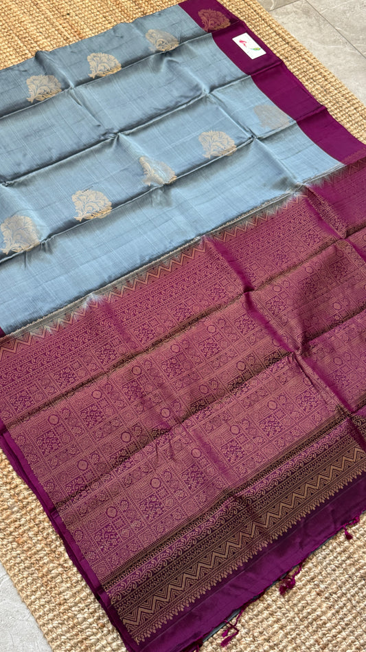 Pure Handloom Soft Silk Saree β Grey and Wine