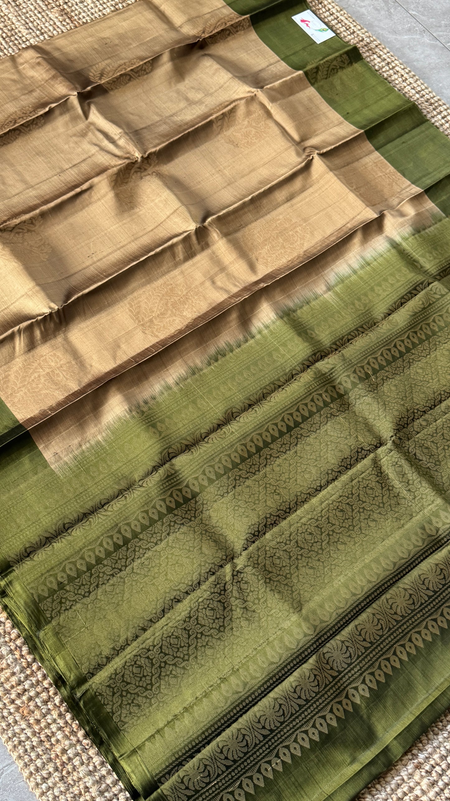 Pure Handloom Soft Silk Saree – Champagne color with Olive green