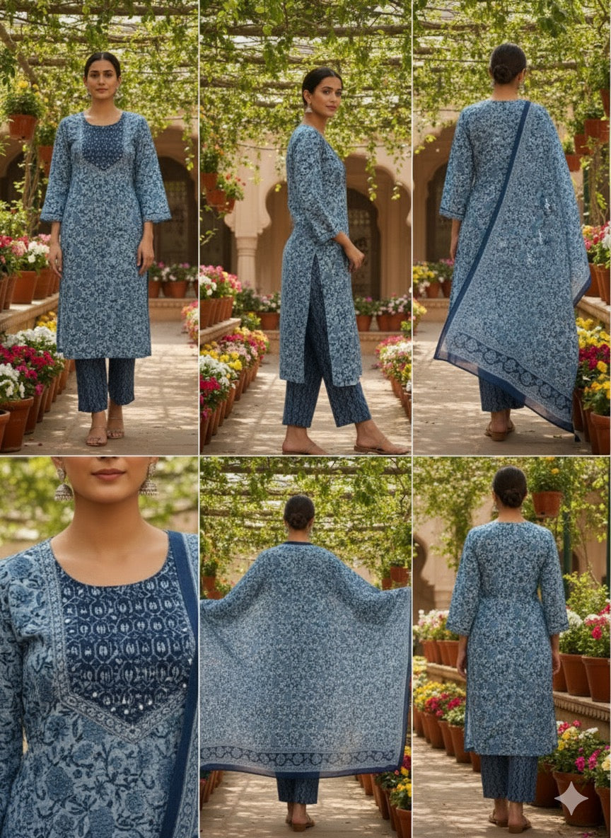Pure Cotton Salwar Suit - Full Set - Denim Light Blue