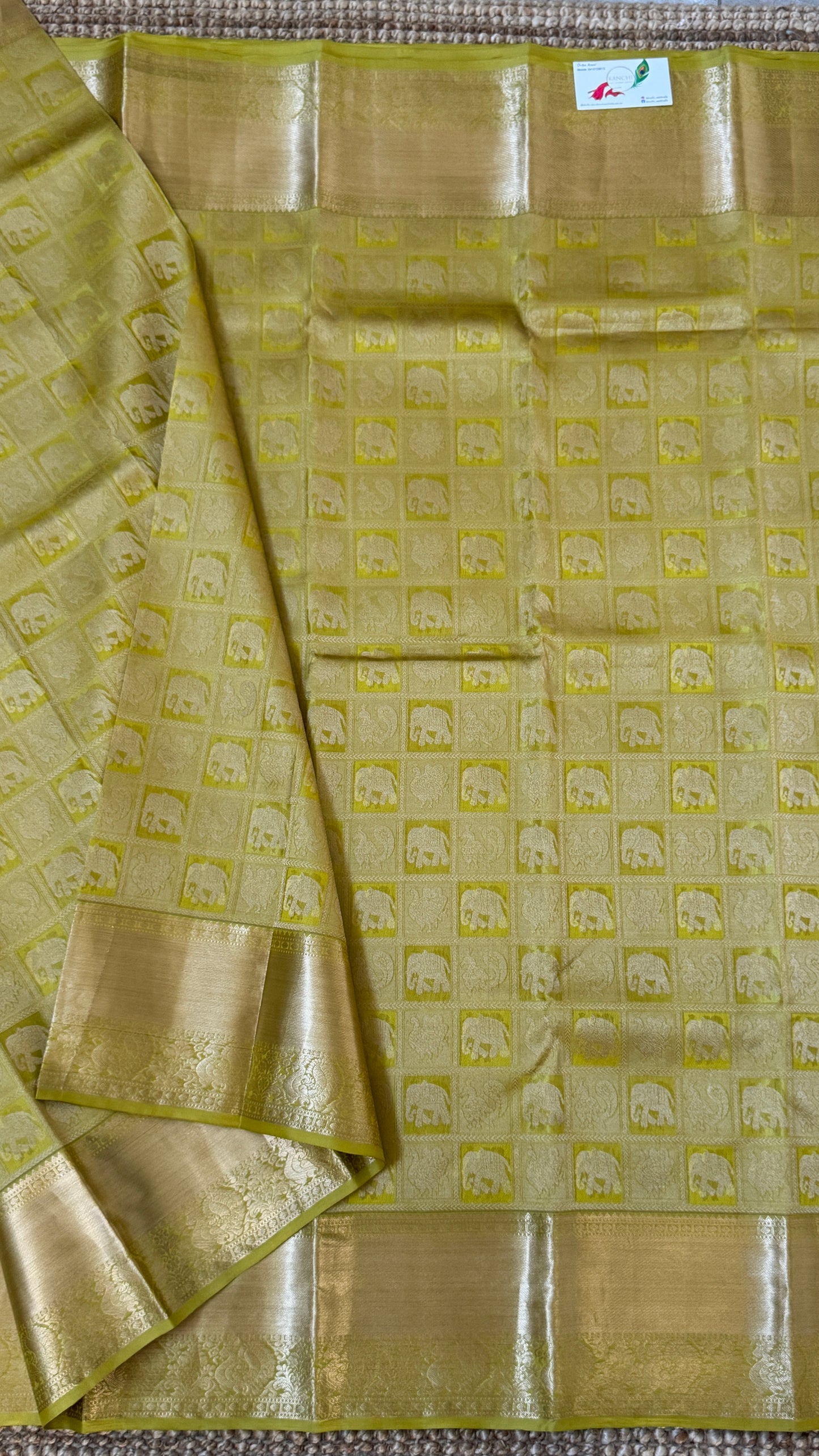 Pure Kanchivaram Silk Saree – Exquisite Mehendi Yellow/Green