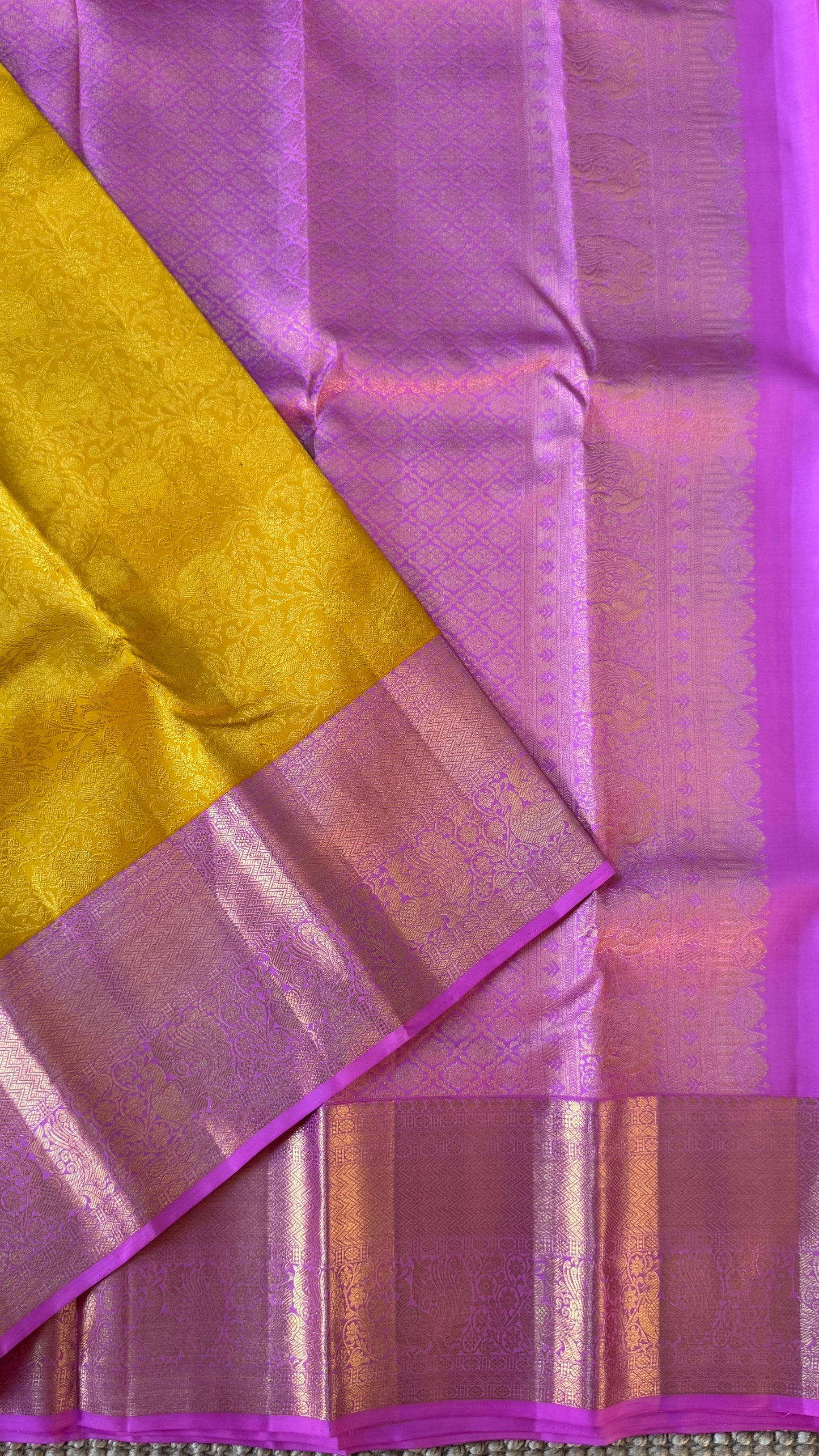 Pure Kanchivaram Silk Saree – Pure Kanchivaram Silk Saree – Exquisite Yellow with Pink Zari Border - Fully Brocade Weaving