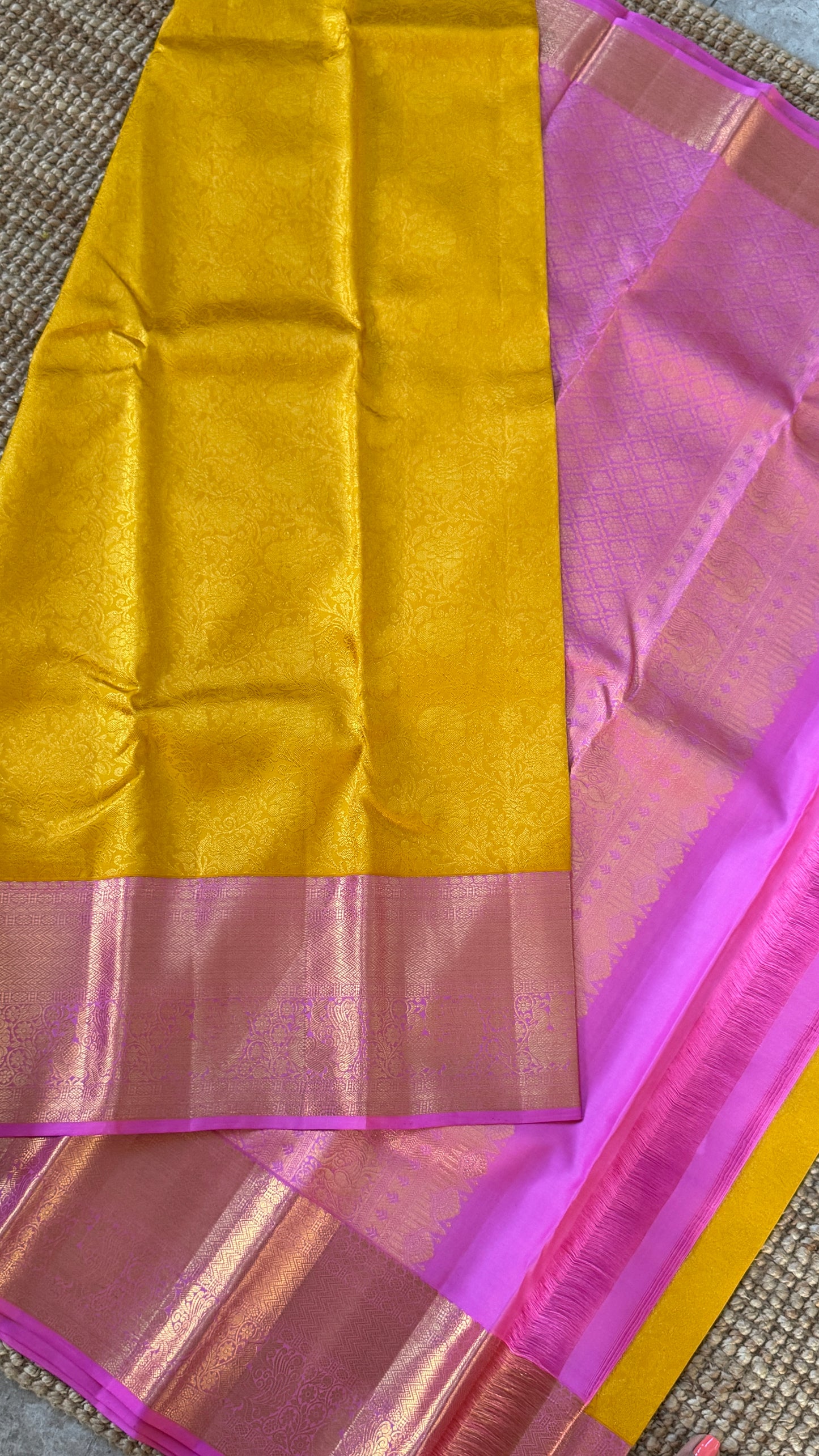 Pure Kanchivaram Silk Saree – Pure Kanchivaram Silk Saree – Exquisite Yellow with Pink Zari Border - Fully Brocade Weaving