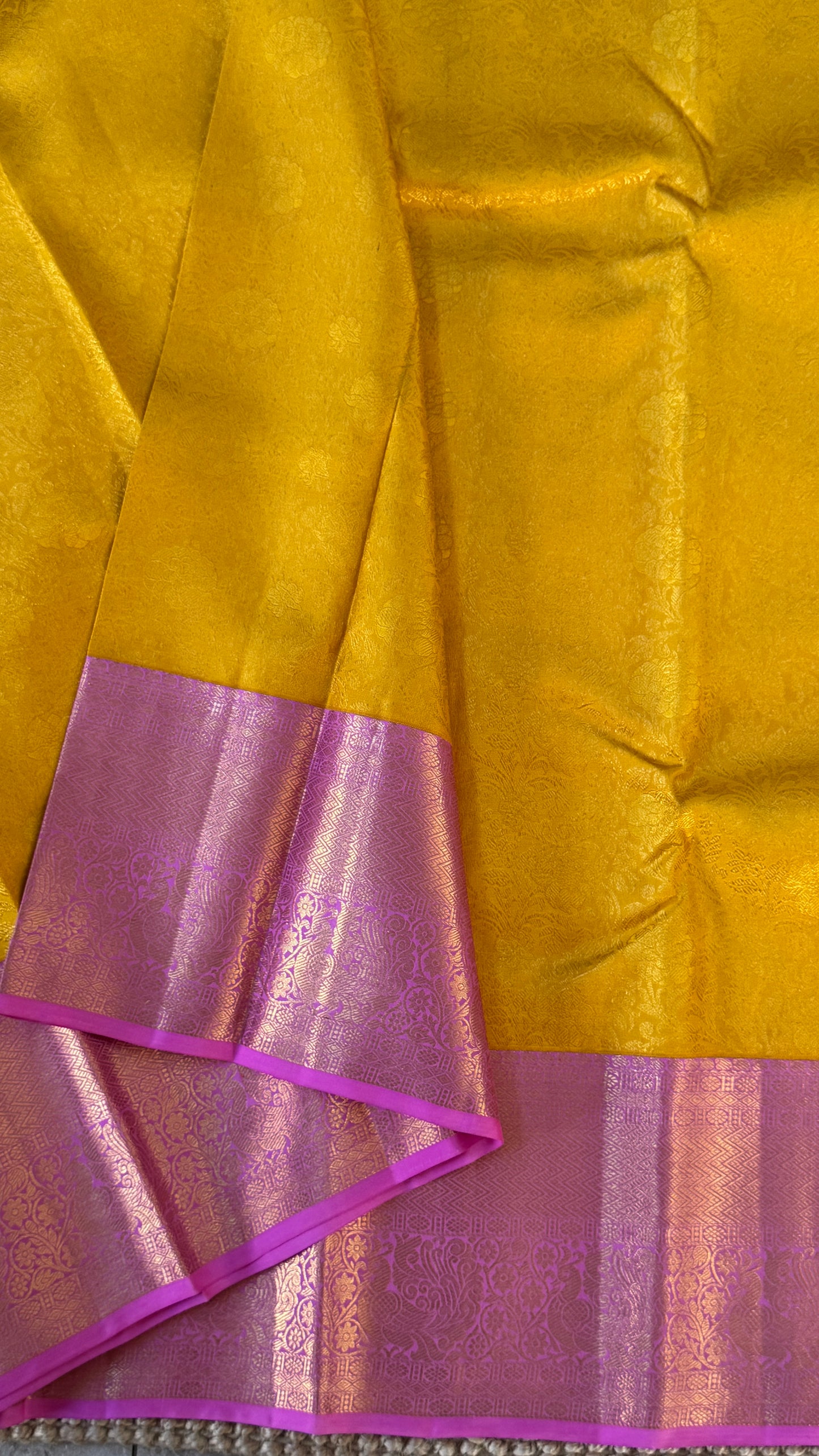Pure Kanchivaram Silk Saree – Pure Kanchivaram Silk Saree – Exquisite Yellow with Pink Zari Border - Fully Brocade Weaving