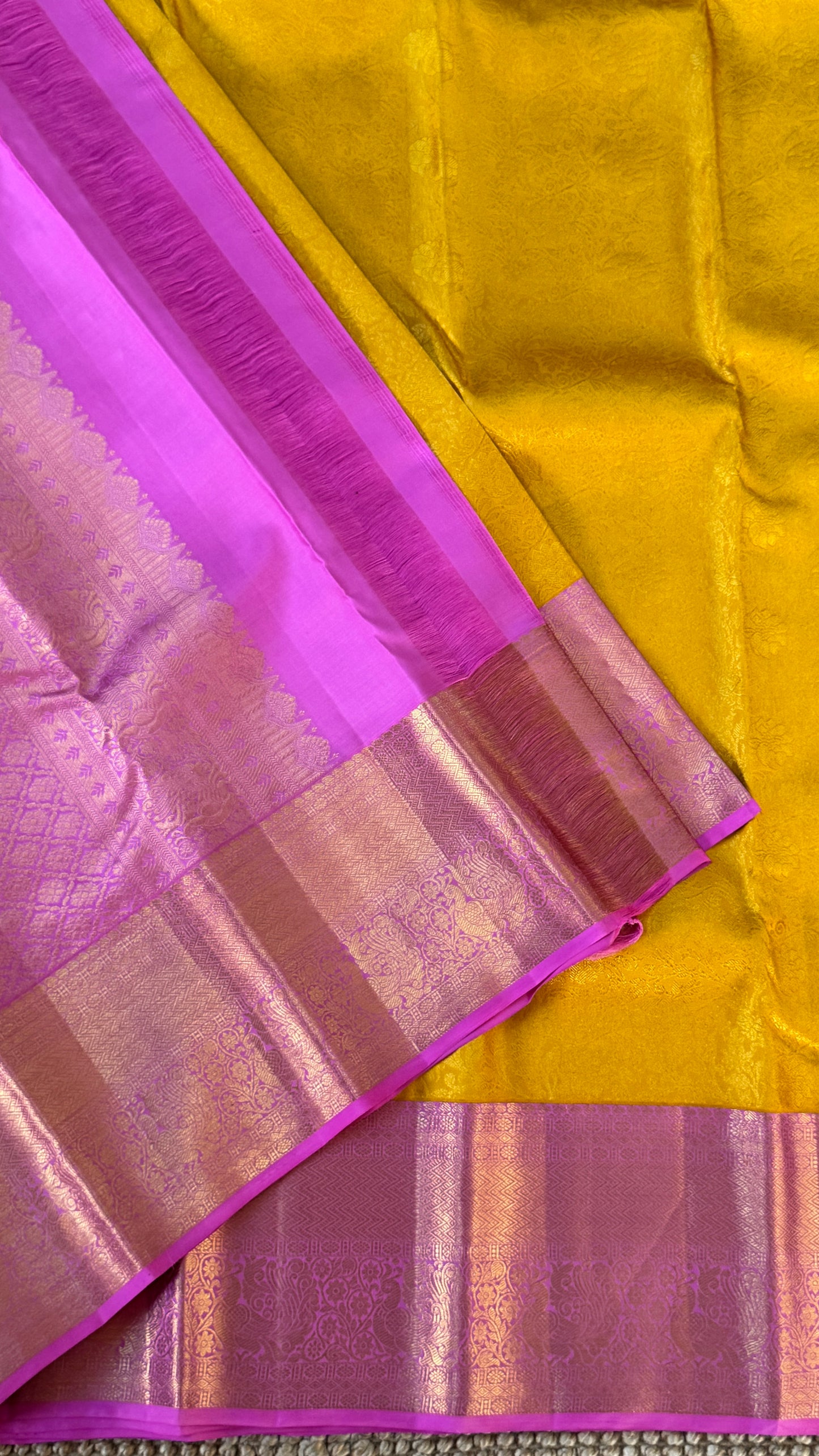 Pure Kanchivaram Silk Saree – Pure Kanchivaram Silk Saree – Exquisite Yellow with Pink Zari Border - Fully Brocade Weaving