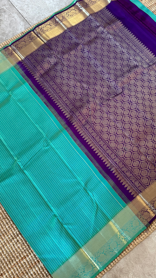 KANJIVARAM PURE SILK HANDLOOM SAREE β AQUAMARINE & PURPLE