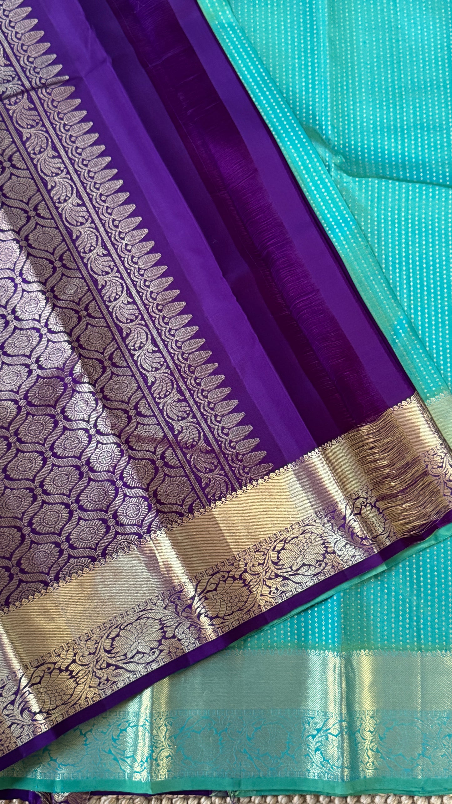 KANJIVARAM PURE SILK HANDLOOM SAREE – AQUAMARINE & PURPLE