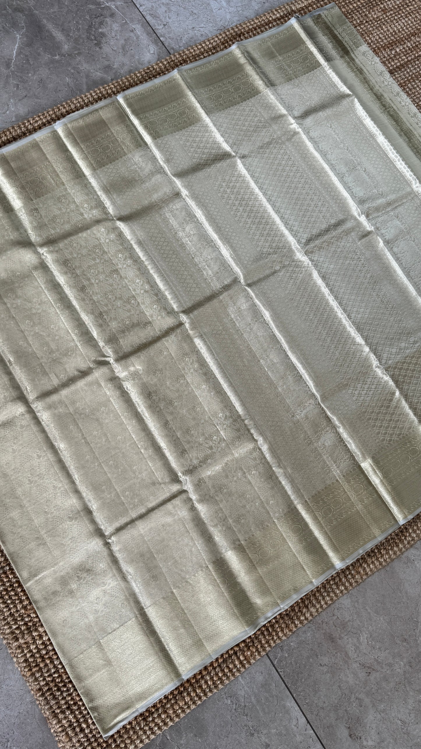 Tissue Kanchivaram Silk Saree – Half White Bridal Saree with Silver Zari Weaving