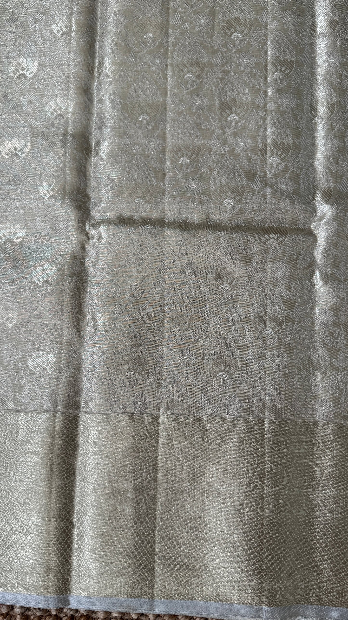 Tissue Kanchivaram Silk Saree – Half White Bridal Saree with Silver Zari Weaving