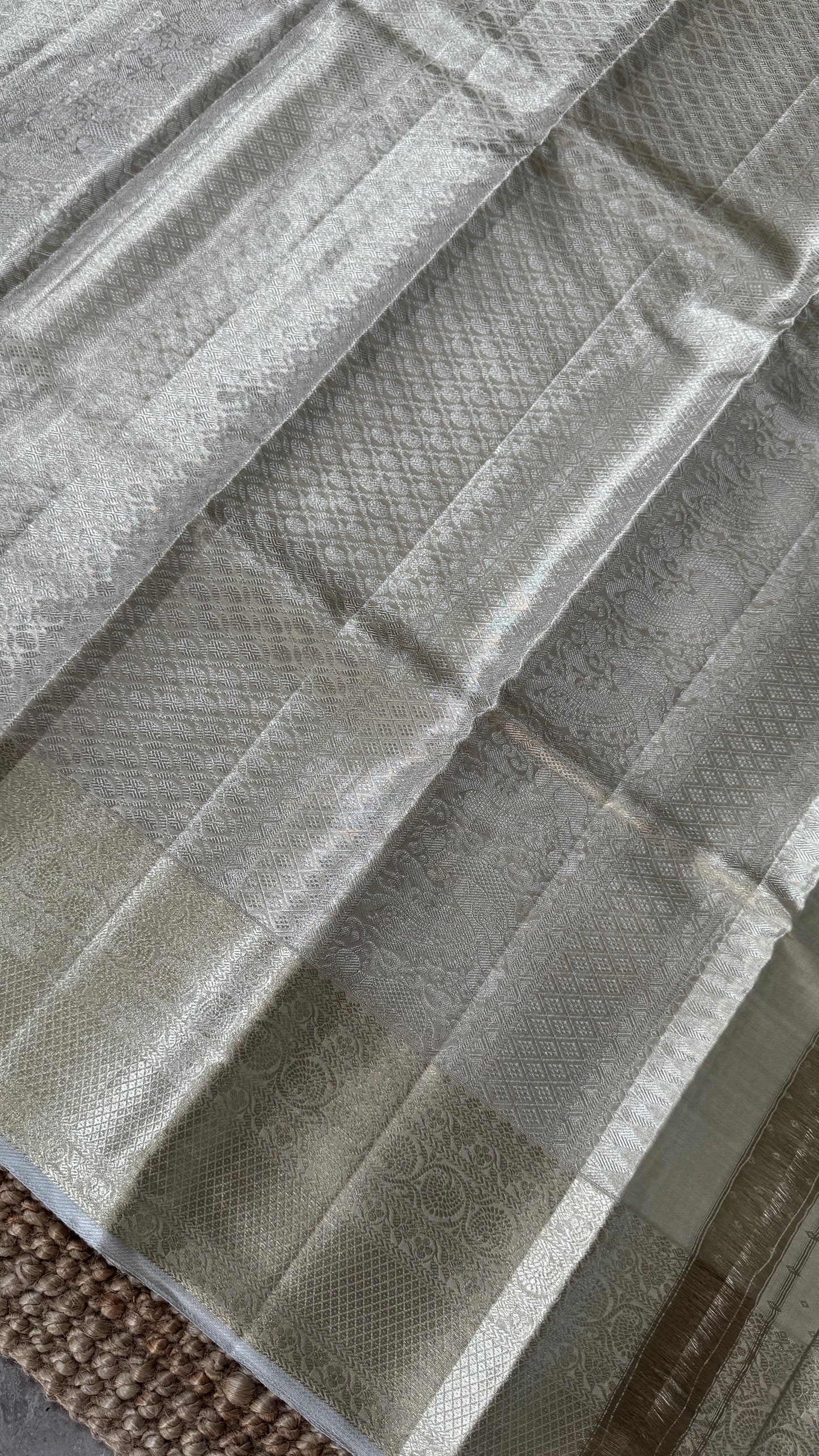 Tissue Kanchivaram Silk Saree – Half White Bridal Saree with Silver Zari Weaving