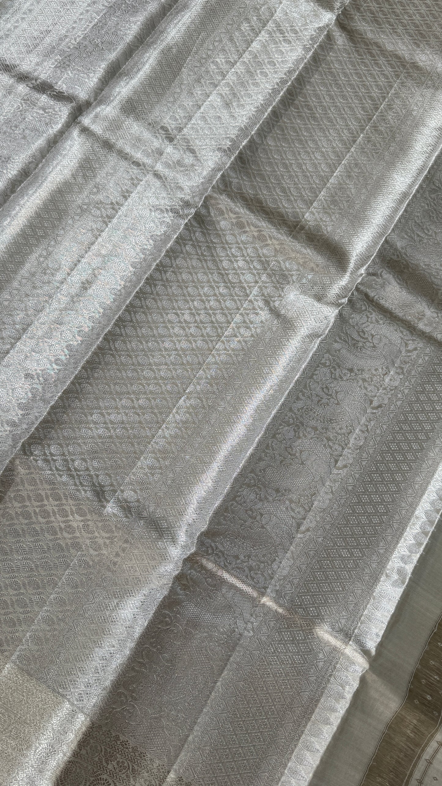 Tissue Kanchivaram Silk Saree – Half White Bridal Saree with Silver Zari Weaving