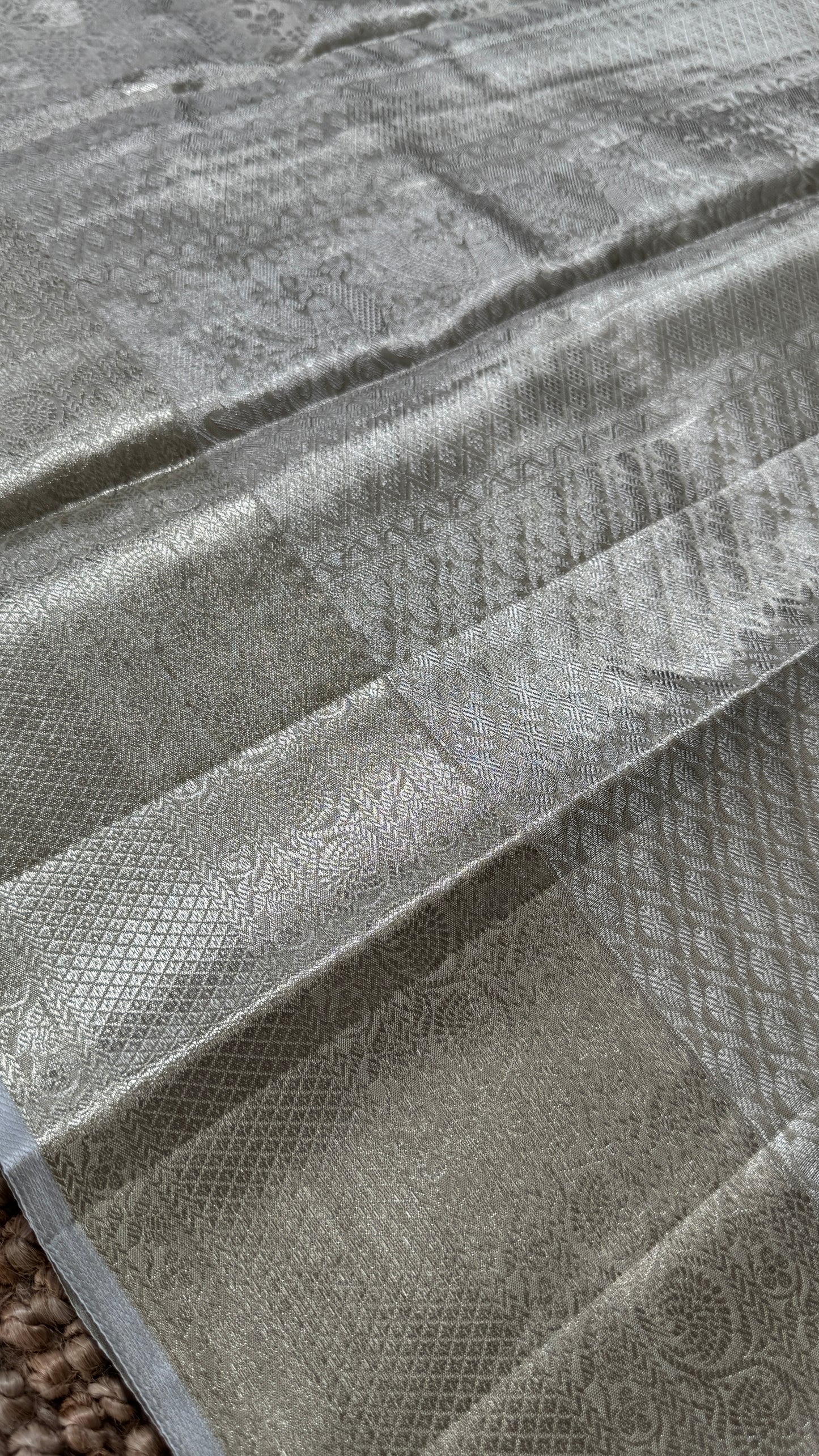 Tissue Kanchivaram Silk Saree – Half White Bridal Saree with Silver Zari Weaving