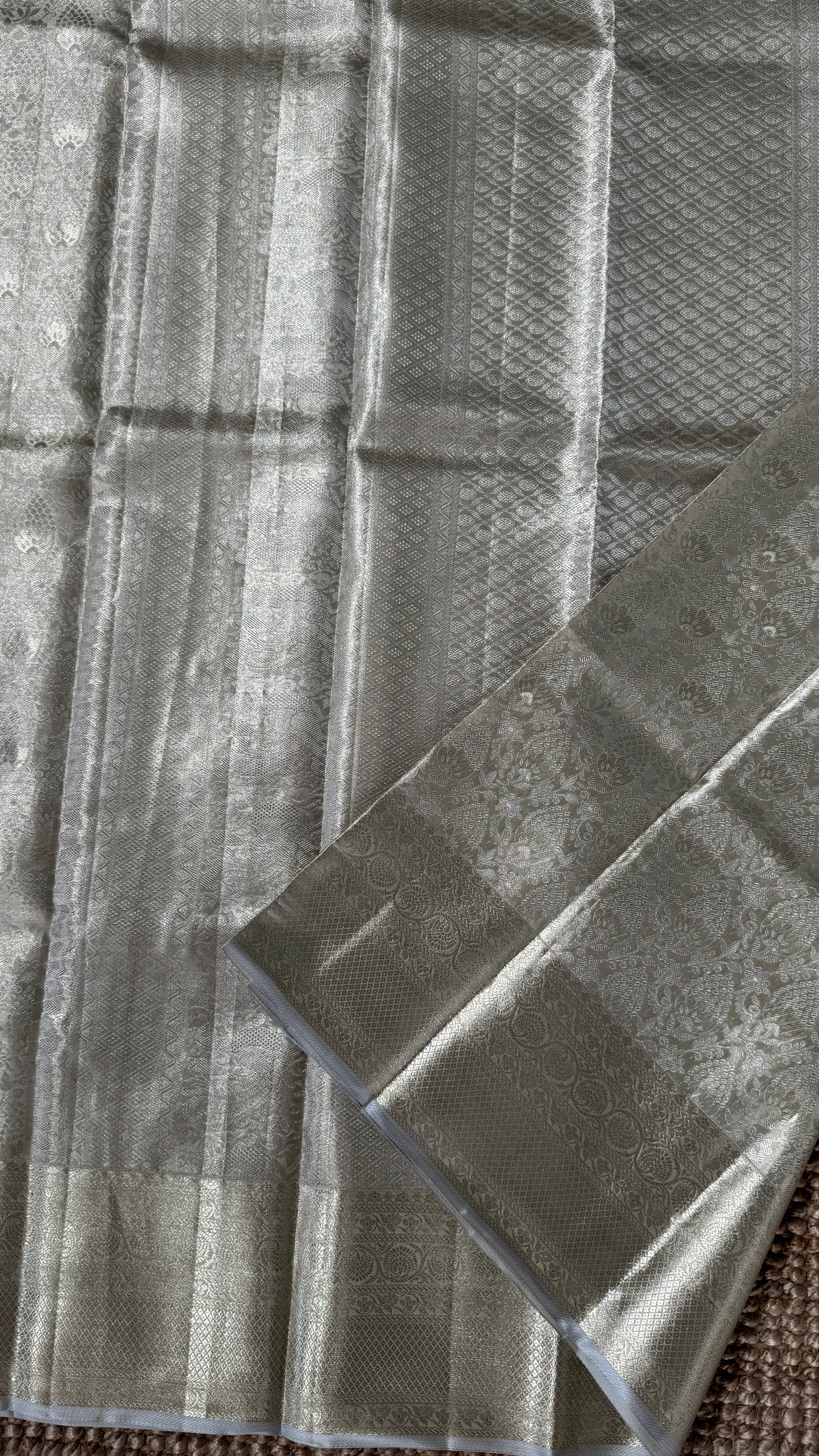 Tissue Kanchivaram Silk Saree – Half White Bridal Saree with Silver Zari Weaving