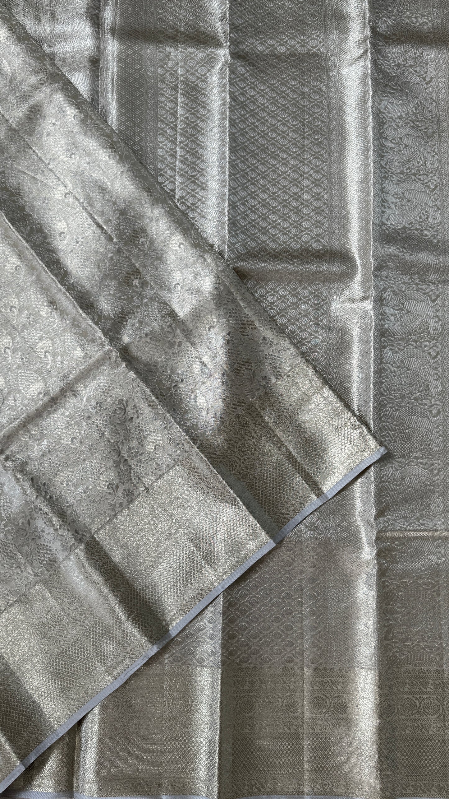 Tissue Kanchivaram Silk Saree – Half White Bridal Saree with Silver Zari Weaving