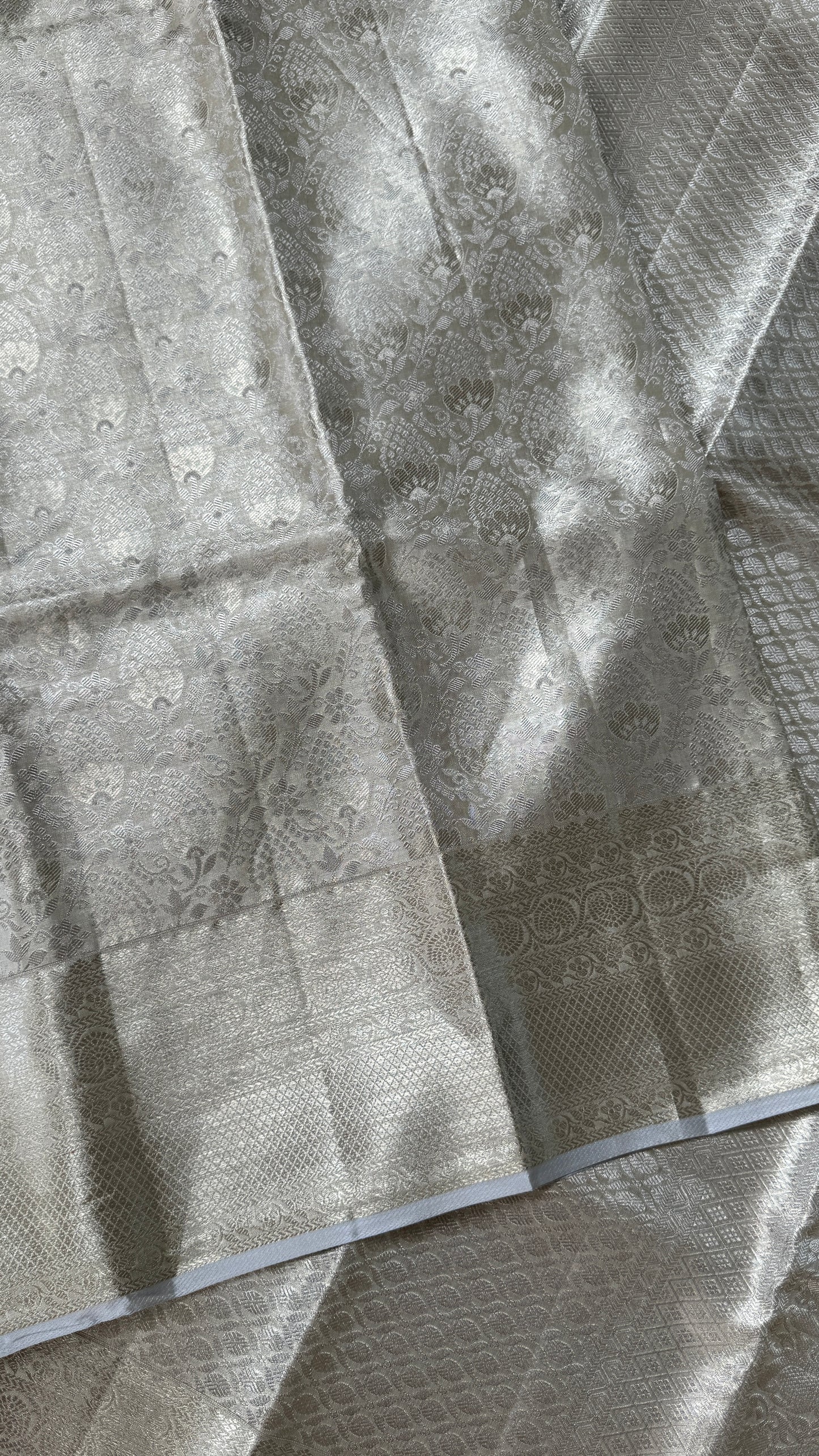 Tissue Kanchivaram Silk Saree – Half White Bridal Saree with Silver Zari Weaving