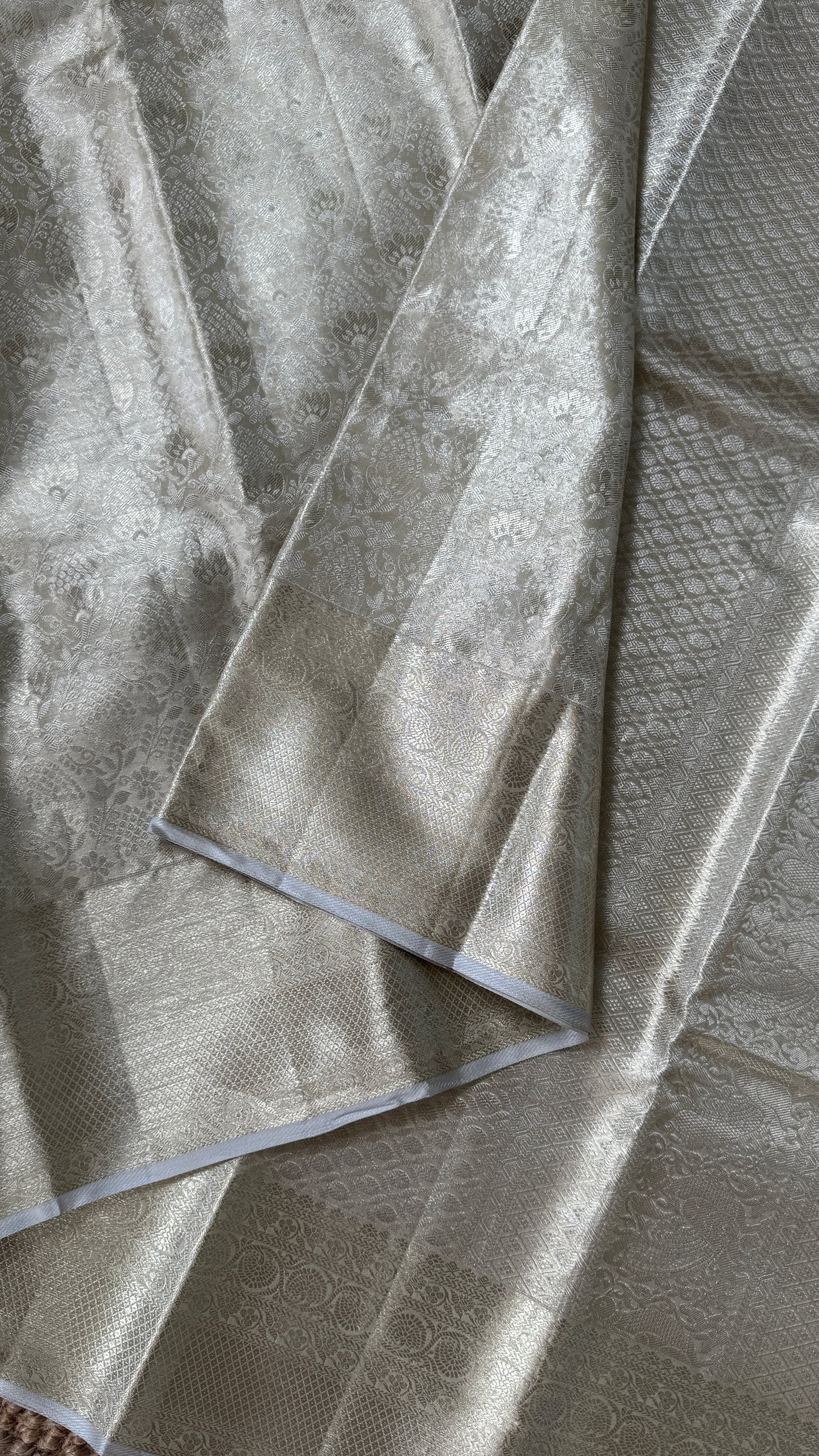Tissue Kanchivaram Silk Saree – Half White Bridal Saree with Silver Zari Weaving
