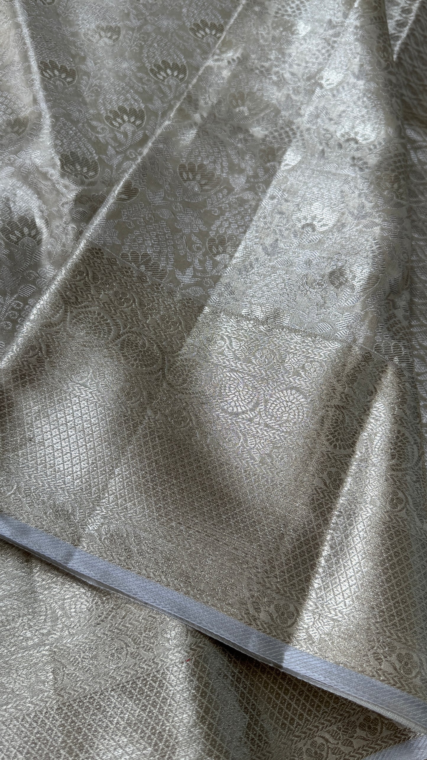 Tissue Kanchivaram Silk Saree – Half White Bridal Saree with Silver Zari Weaving
