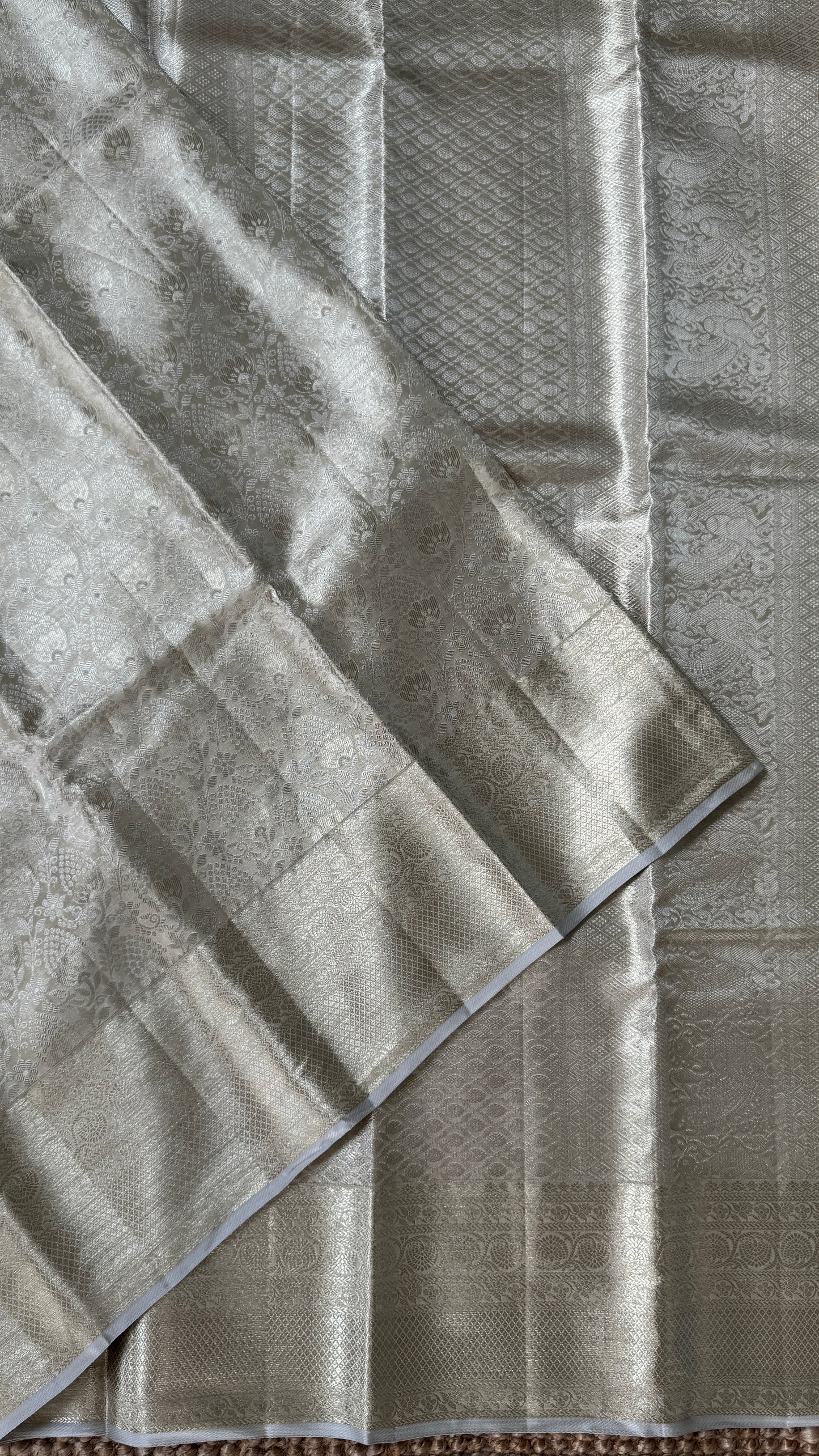 Tissue Kanchivaram Silk Saree – Half White Bridal Saree with Silver Zari Weaving