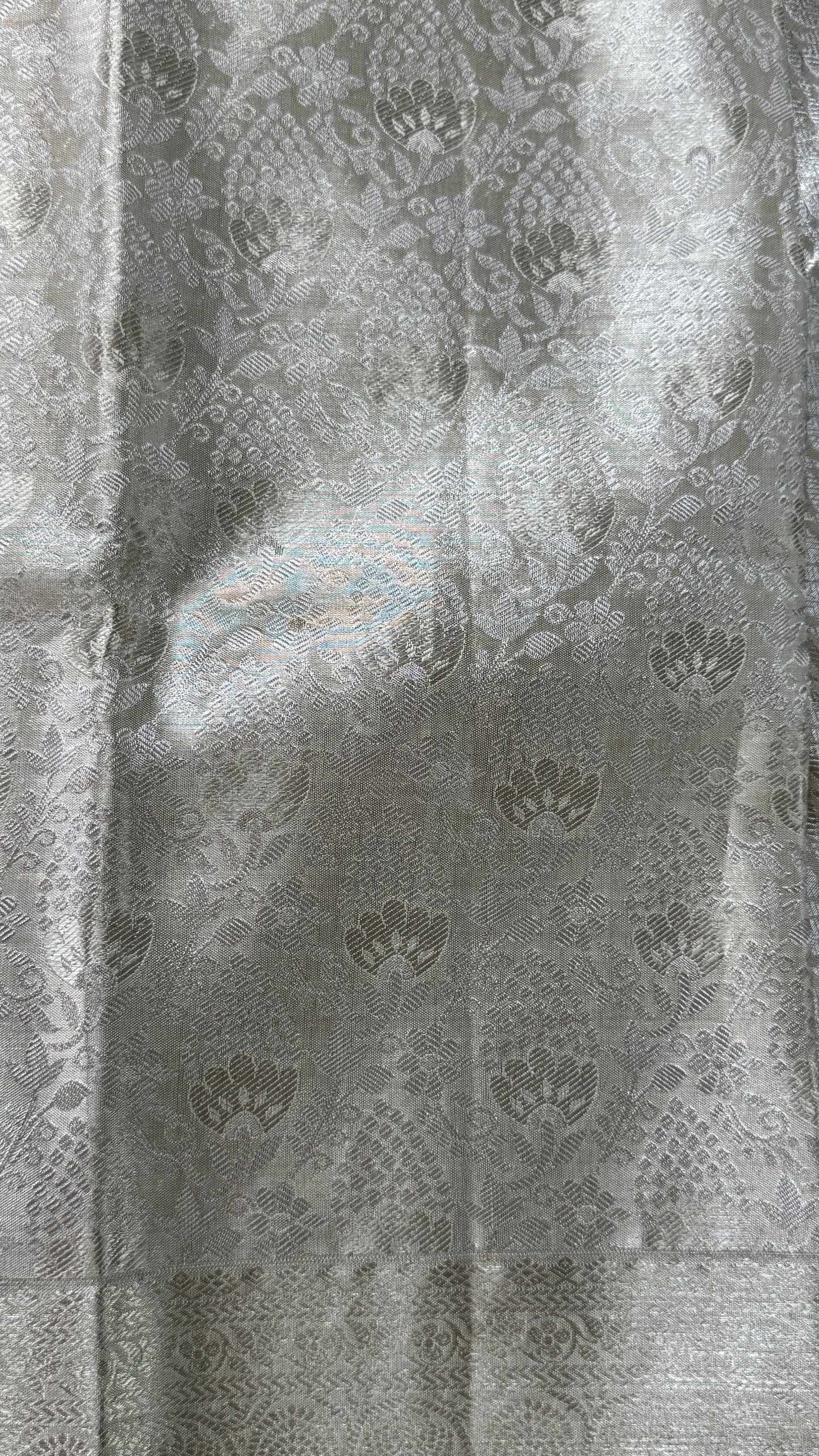 Tissue Kanchivaram Silk Saree – Half White Bridal Saree with Silver Zari Weaving