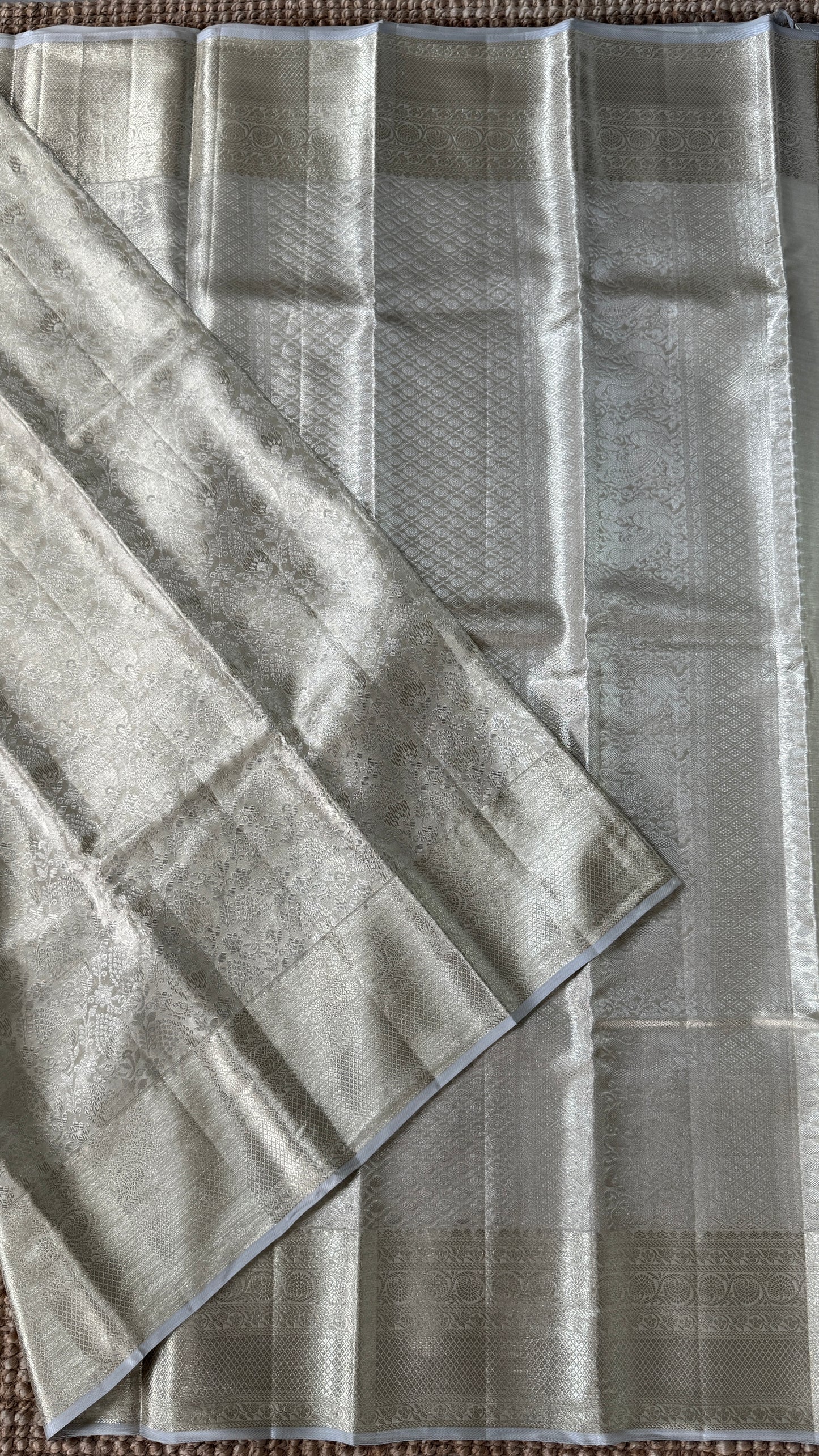 Tissue Kanchivaram Silk Saree – Half White Bridal Saree with Silver Zari Weaving