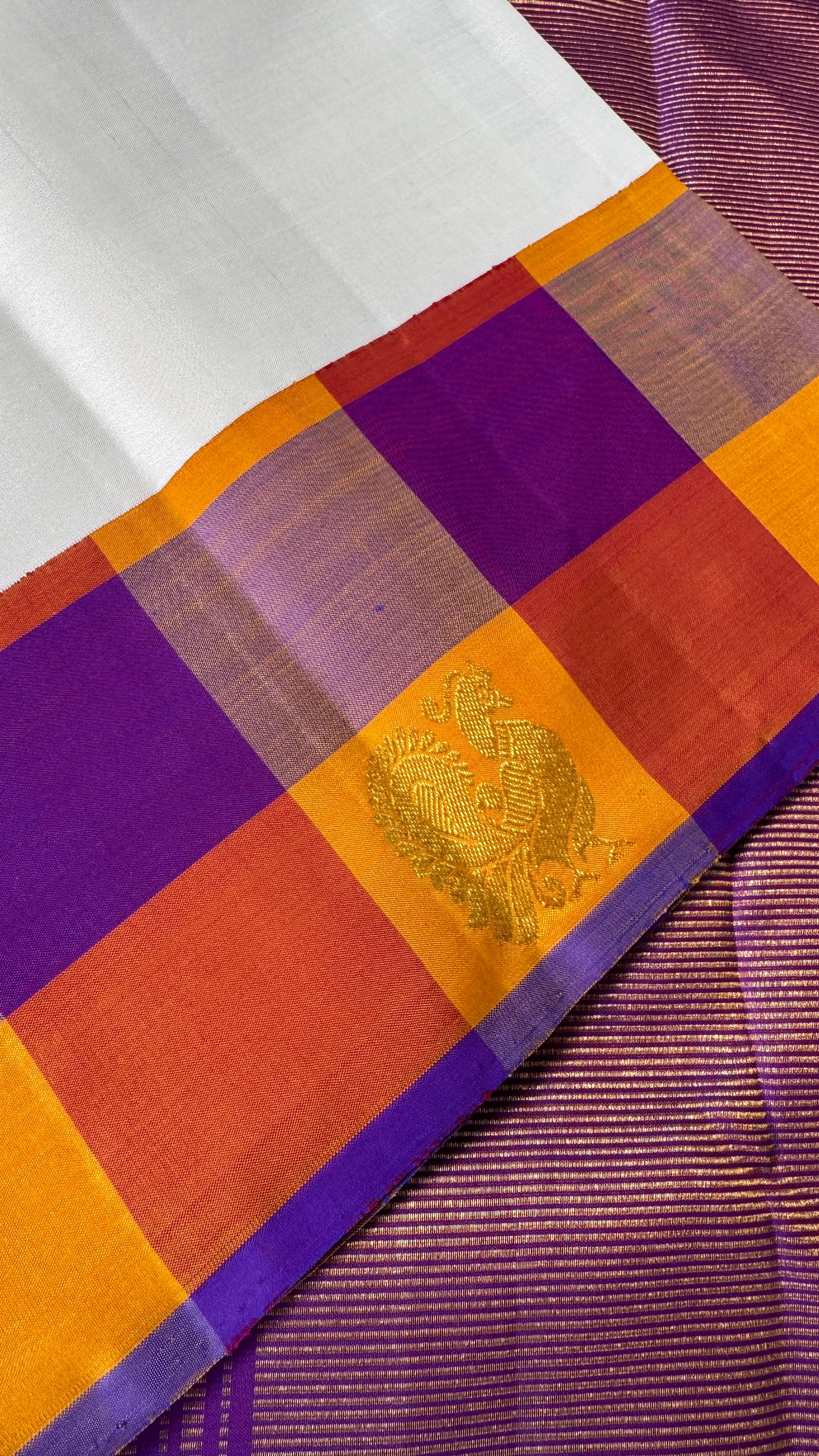 KANJIVARAM PURE SILK HANDLOOM SAREE – Half white with Multicolor Border
