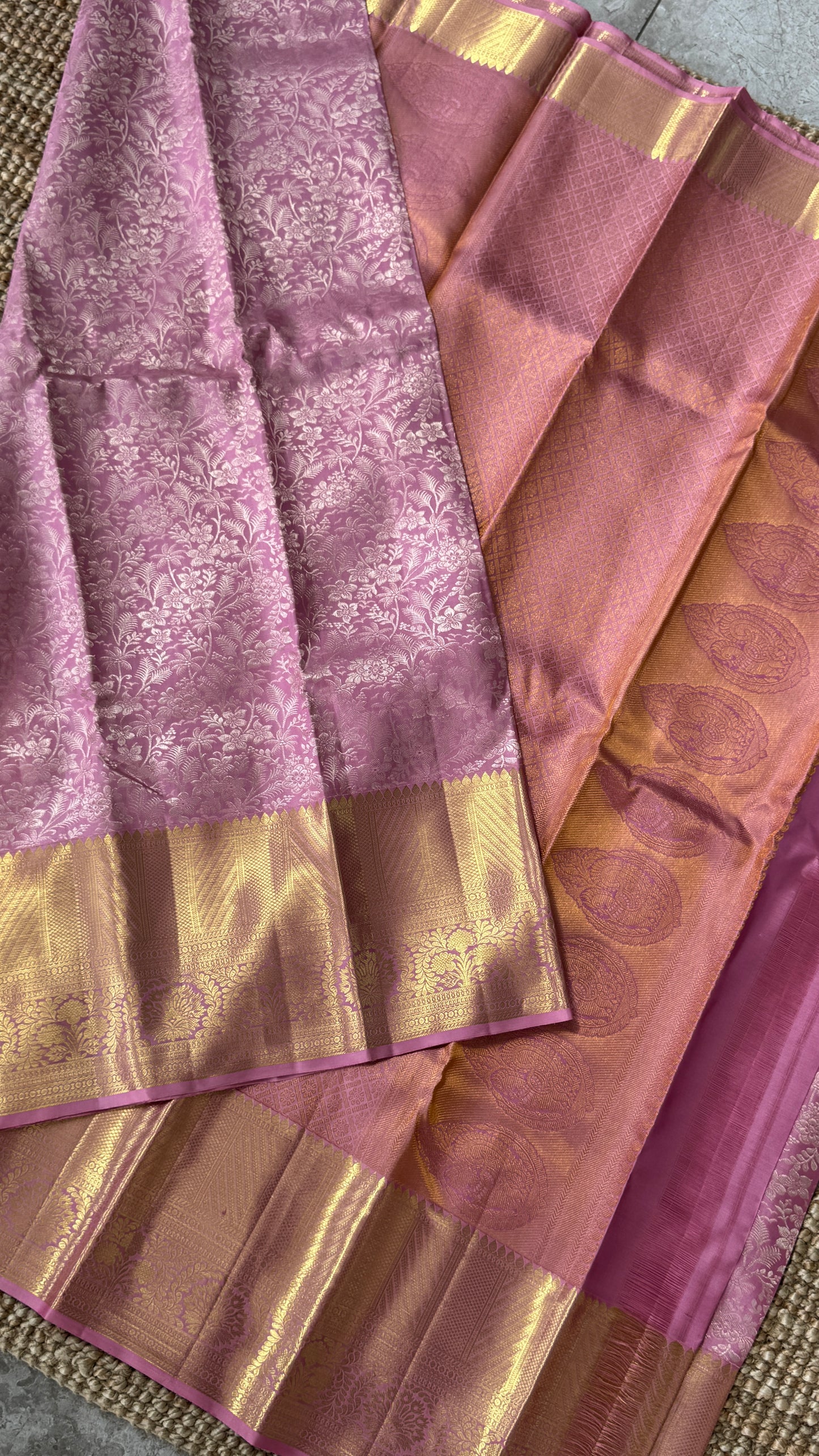 Pure Handloom Kanchivaram Silk Saree – Pink Bridal Saree with Silver Zari Weaving and Gold Border