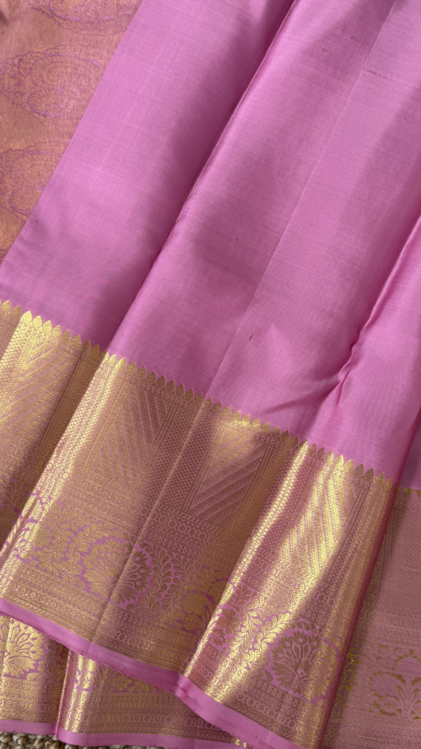 Pure Handloom Kanchivaram Silk Saree – Pink Bridal Saree with Silver Zari Weaving and Gold Border