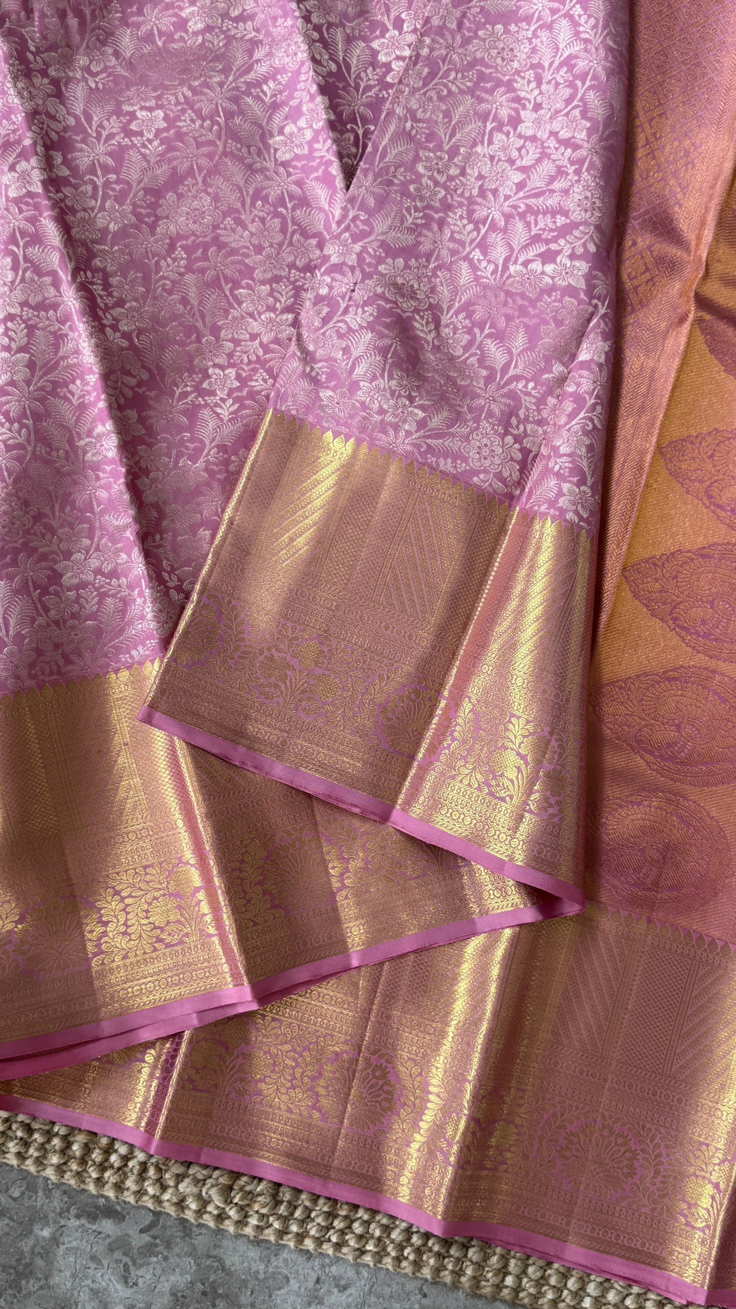 Pure Handloom Kanchivaram Silk Saree – Pink Bridal Saree with Silver Zari Weaving and Gold Border