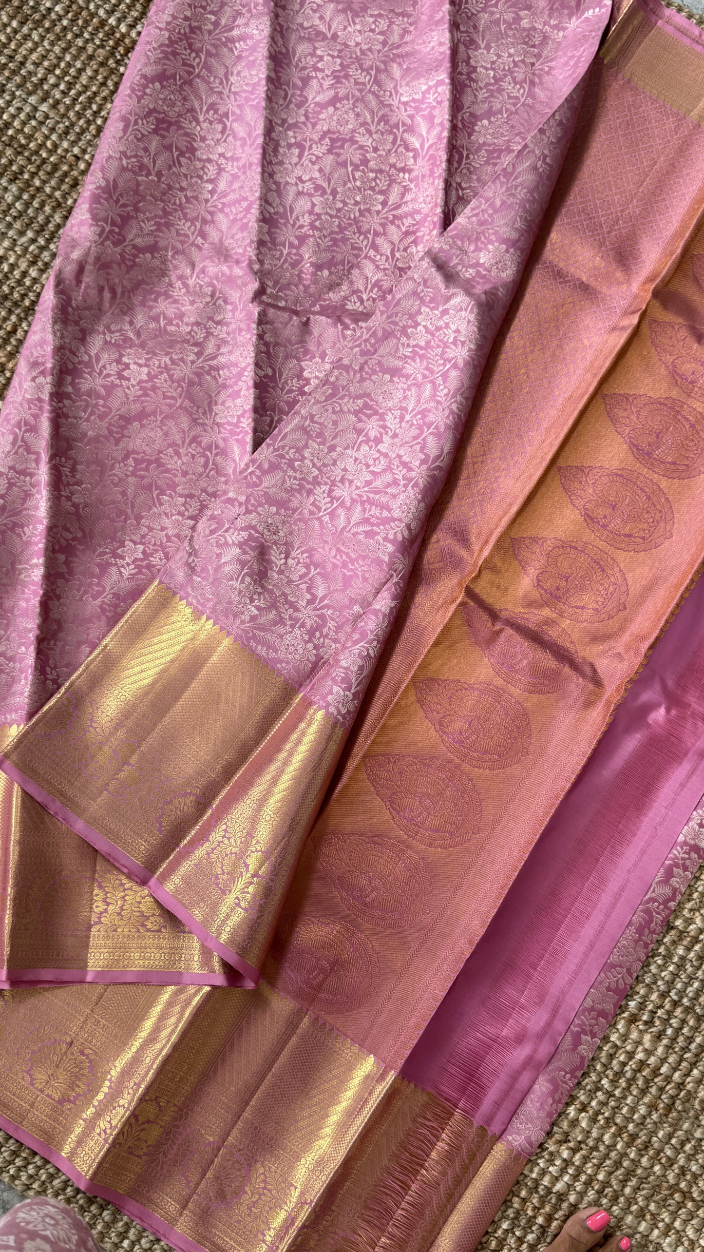 Pure Handloom Kanchivaram Silk Saree – Pink Bridal Saree with Silver Zari Weaving and Gold Border