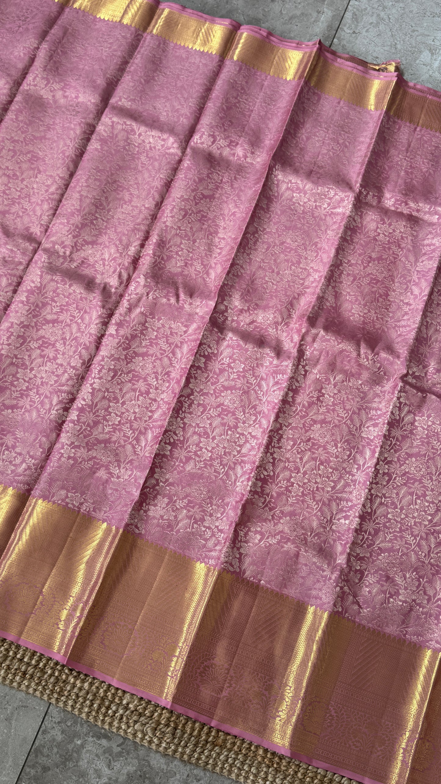Pure Handloom Kanchivaram Silk Saree – Pink Bridal Saree with Silver Zari Weaving and Gold Border