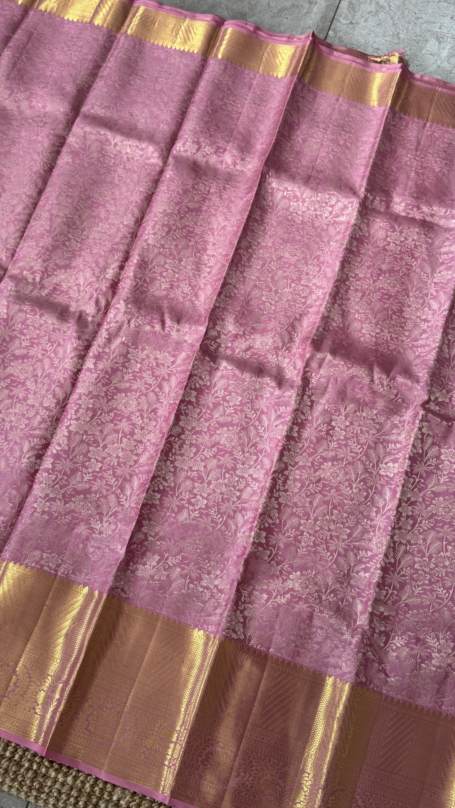 Pure Handloom Kanchivaram Silk Saree – Pink Bridal Saree with Silver Zari Weaving and Gold Border