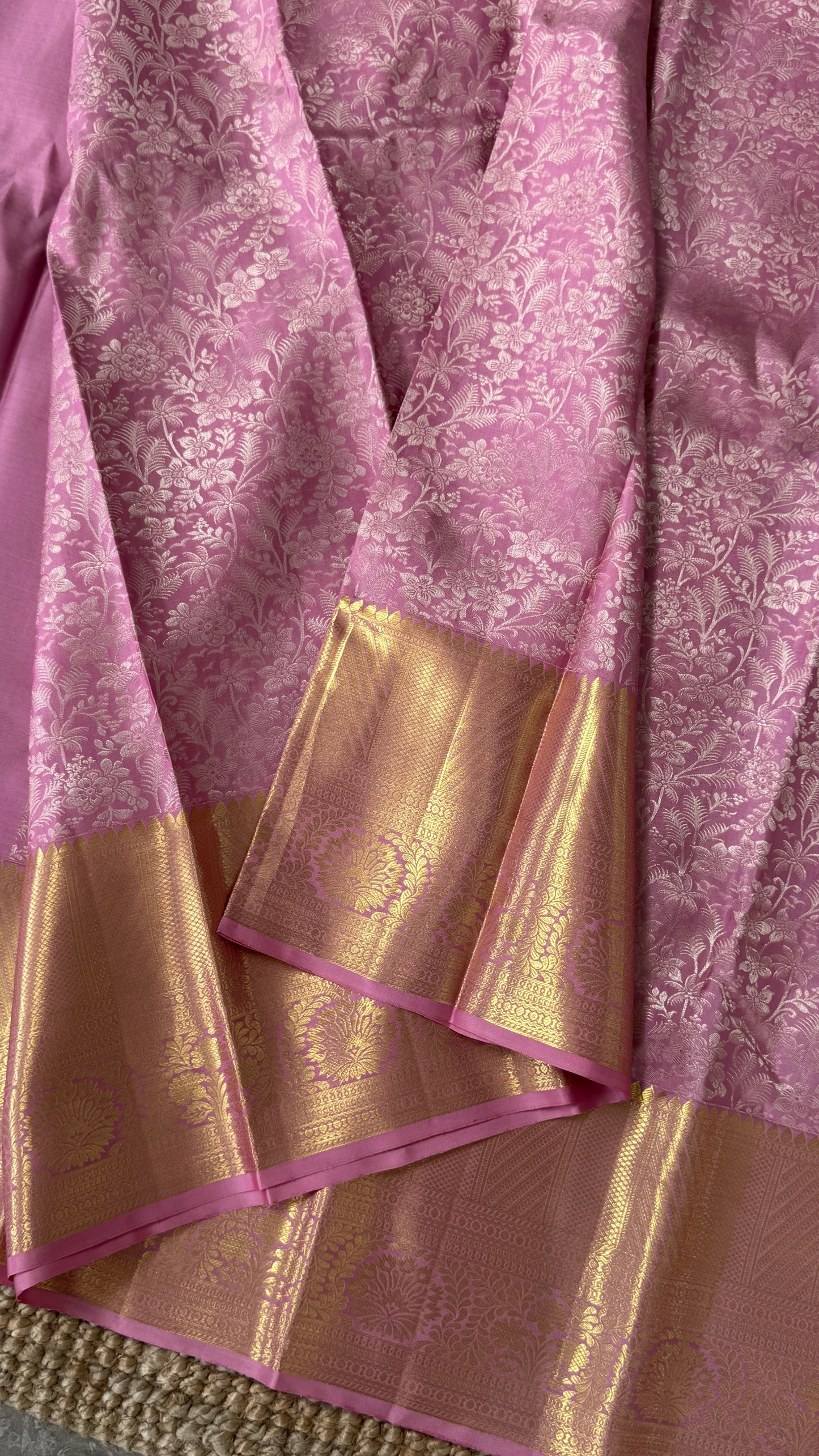 Pure Handloom Kanchivaram Silk Saree – Pink Bridal Saree with Silver Zari Weaving and Gold Border