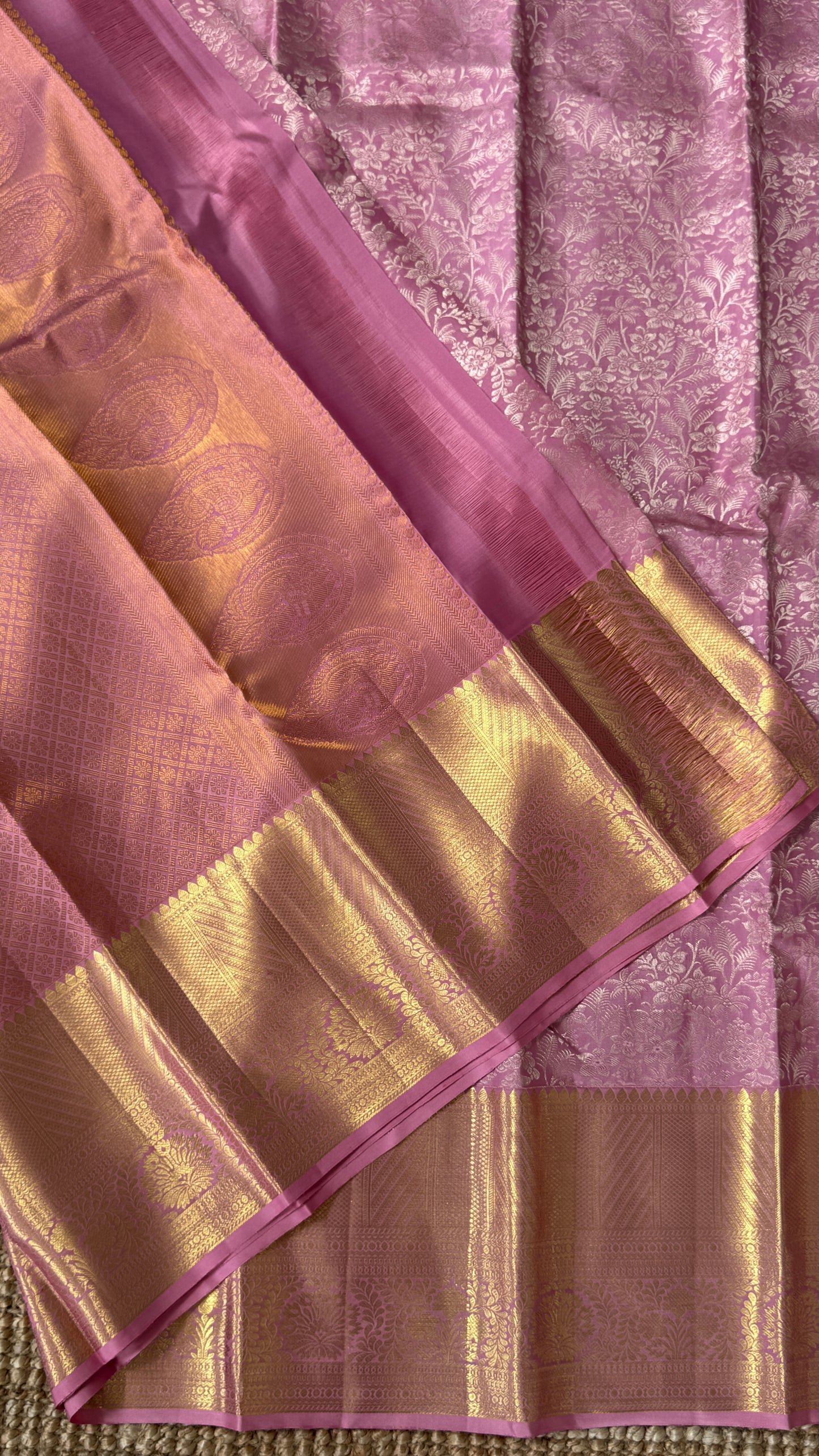 Pure Handloom Kanchivaram Silk Saree – Pink Bridal Saree with Silver Zari Weaving and Gold Border