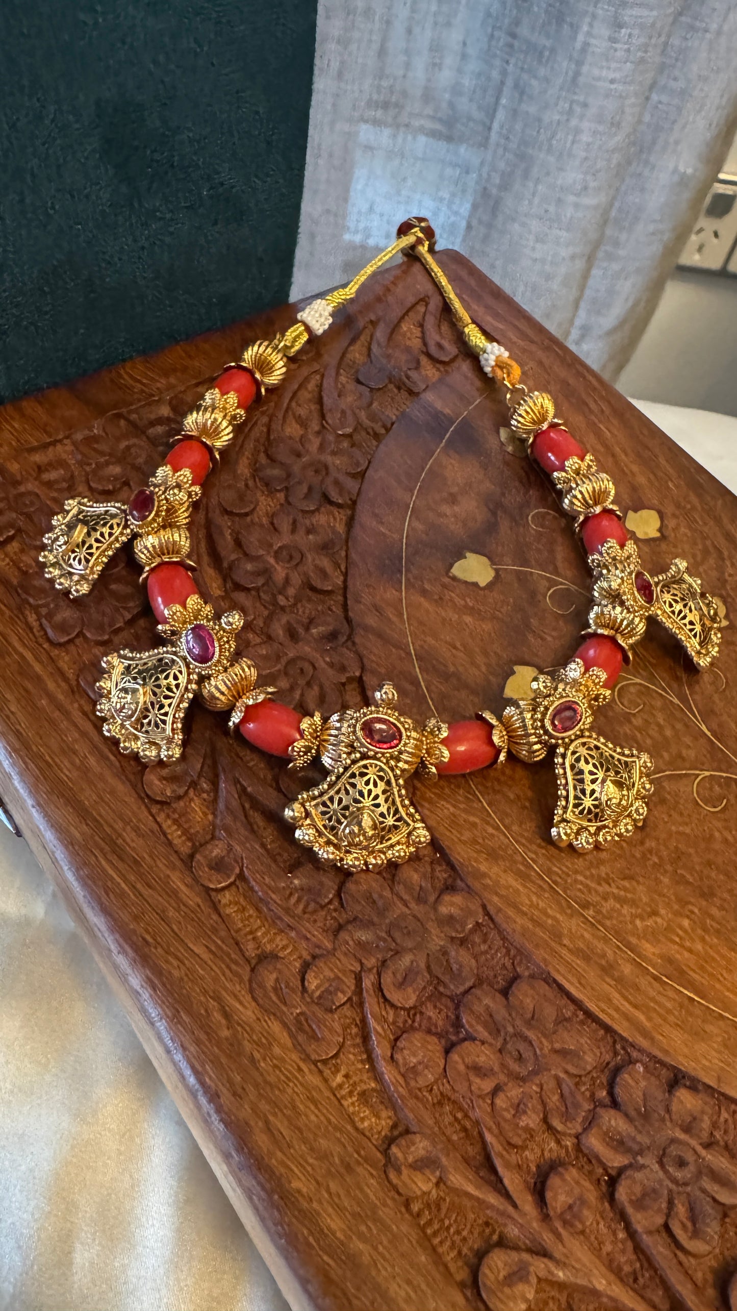 Antique Gold-Plated Temple Necklace Set - Coral Beads