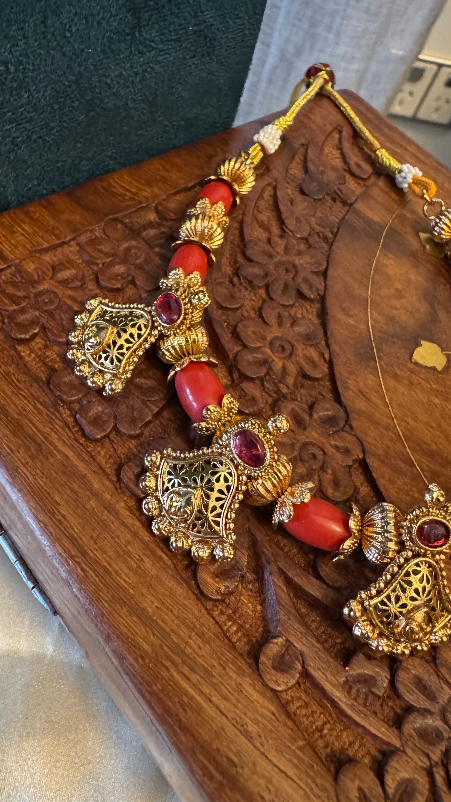 Antique Gold-Plated Temple Necklace Set - Coral Beads