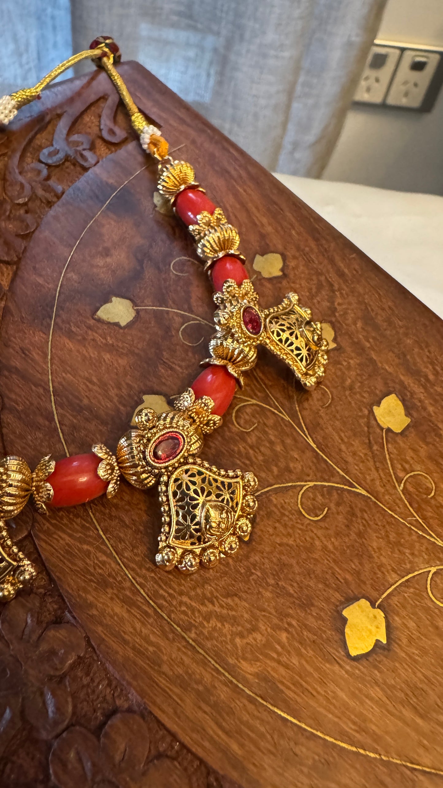 Antique Gold-Plated Temple Necklace Set - Coral Beads