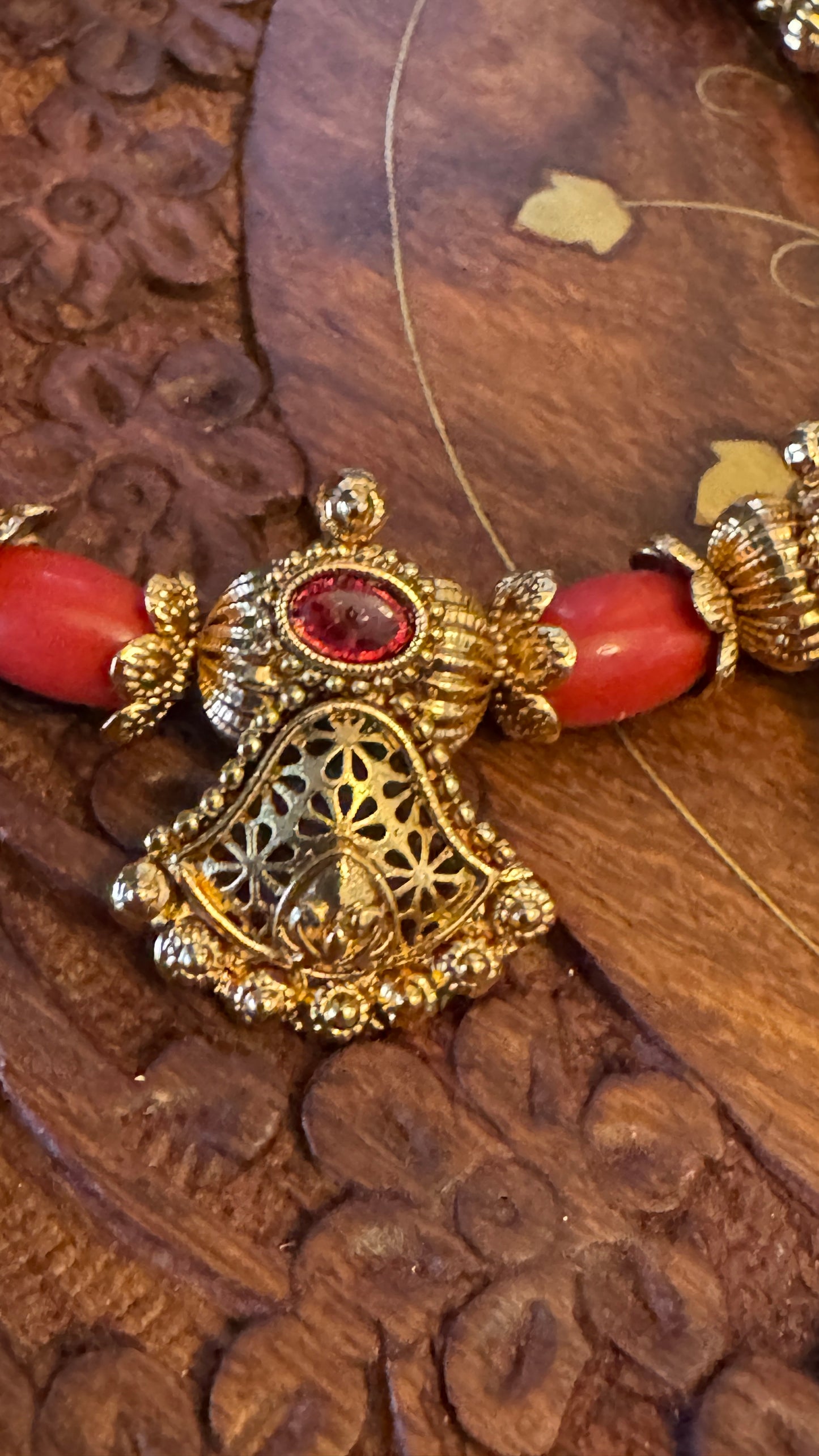 Antique Gold-Plated Temple Necklace Set - Coral Beads