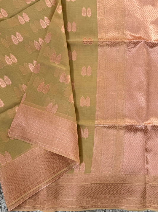 Cotton Silk Saree β Sage green with Rose gold Zari