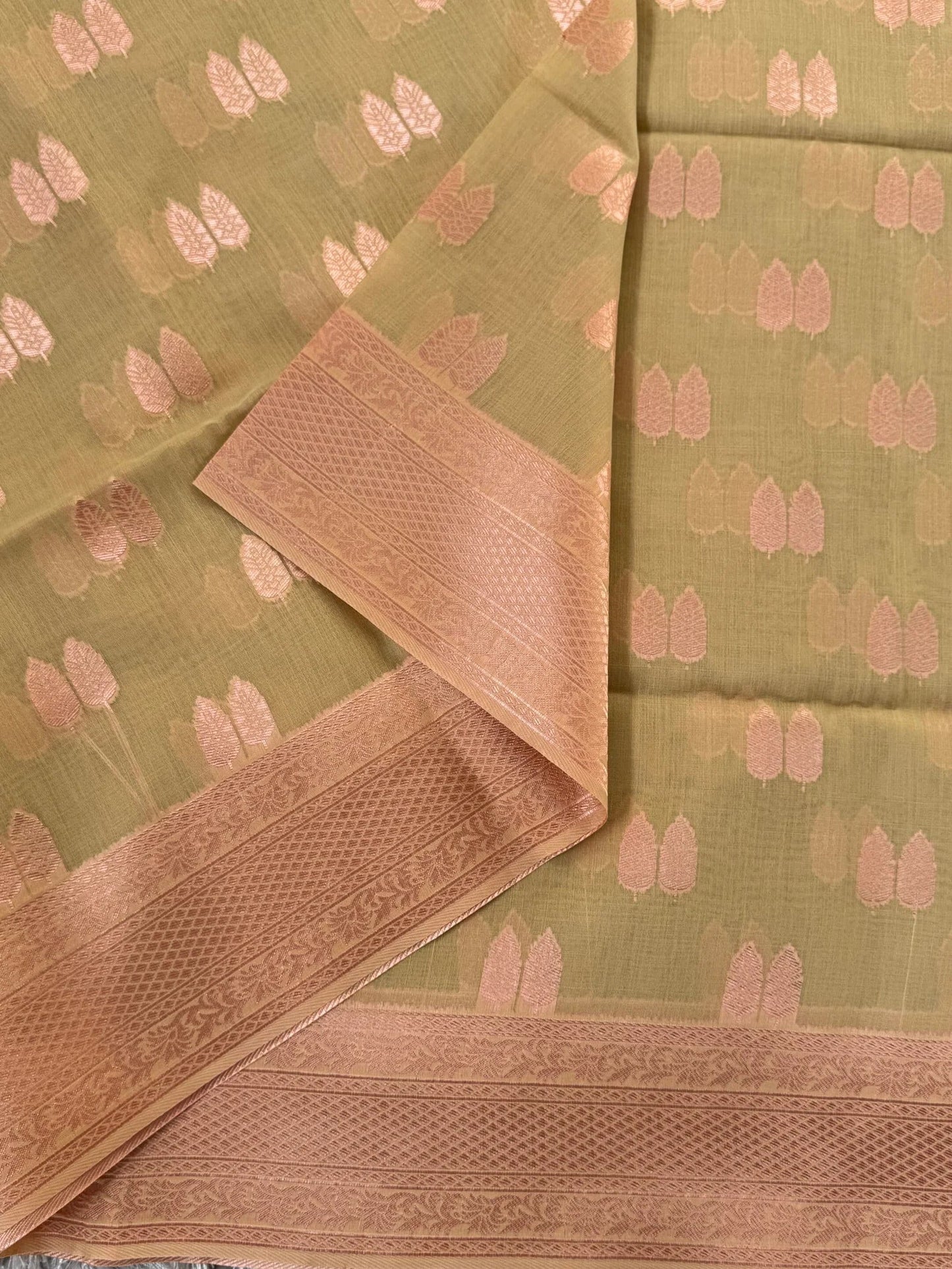 Cotton Silk Saree β Sage green with Rose gold Zari