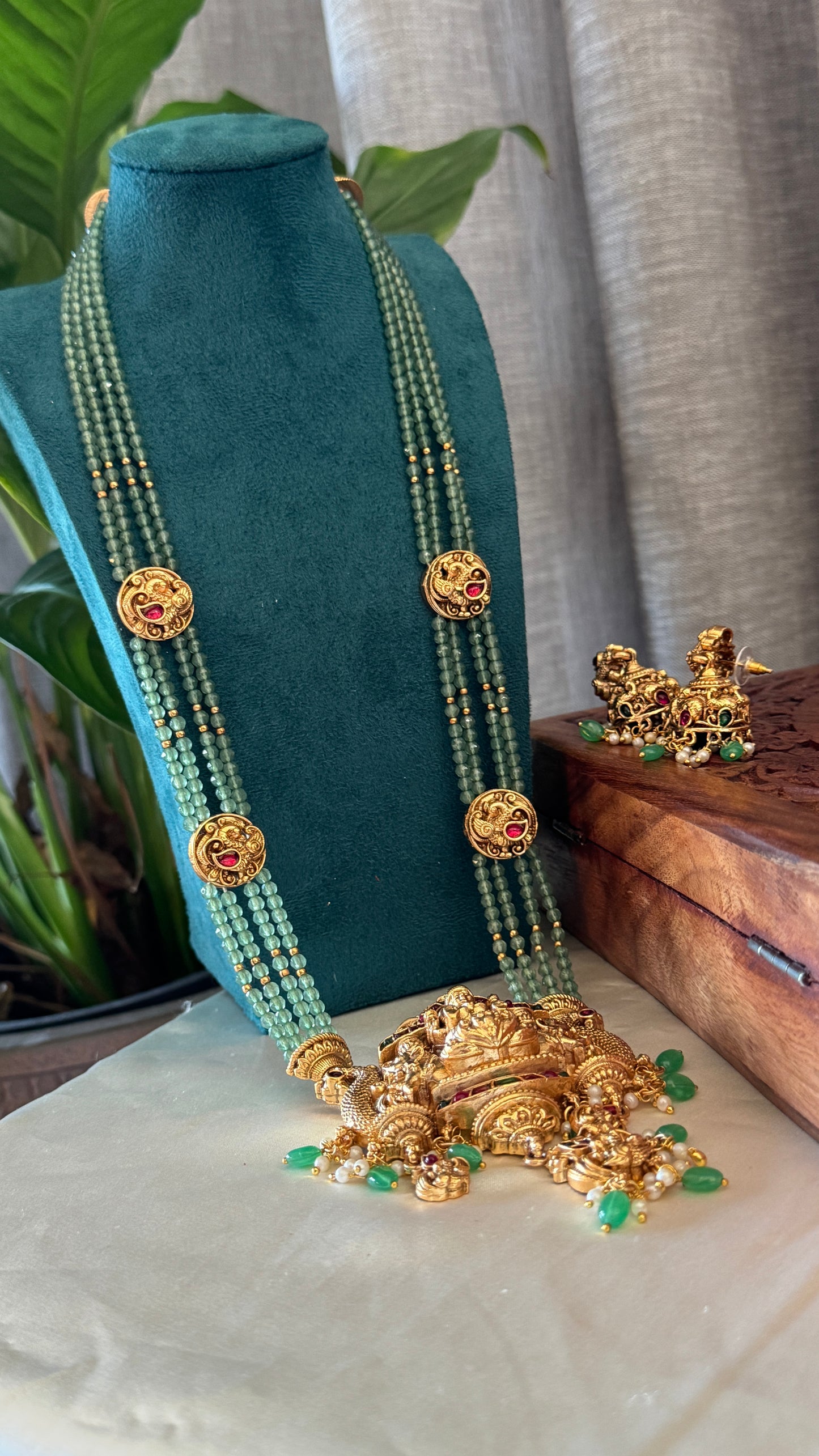 Green Multi-Layered Beaded Lakshmi Haaram Set with Jhumka