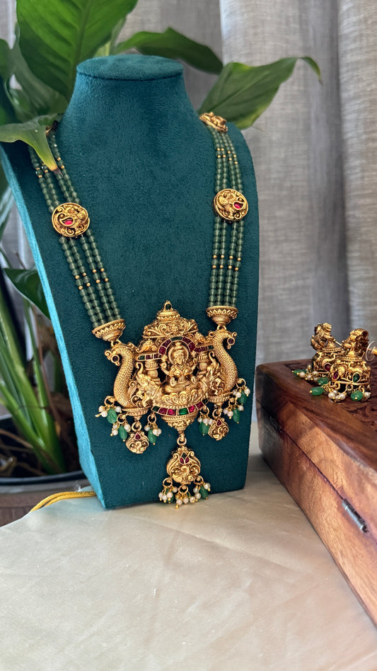 Green Multi-Layered Beaded Lakshmi Haaram Set with Jhumka